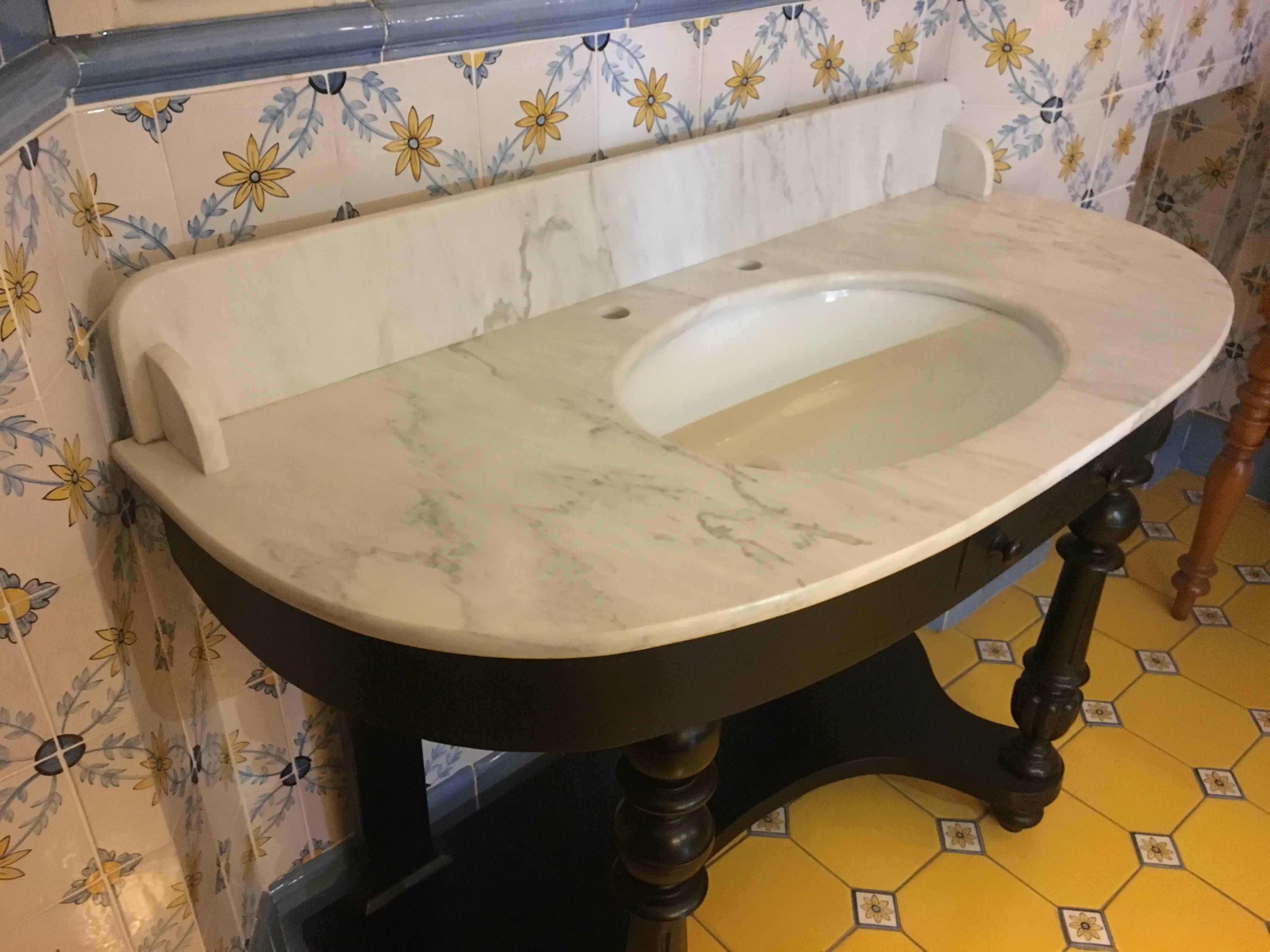 French Carrara Marble Top Sink with Ebonized Wood Base from 1890s 12