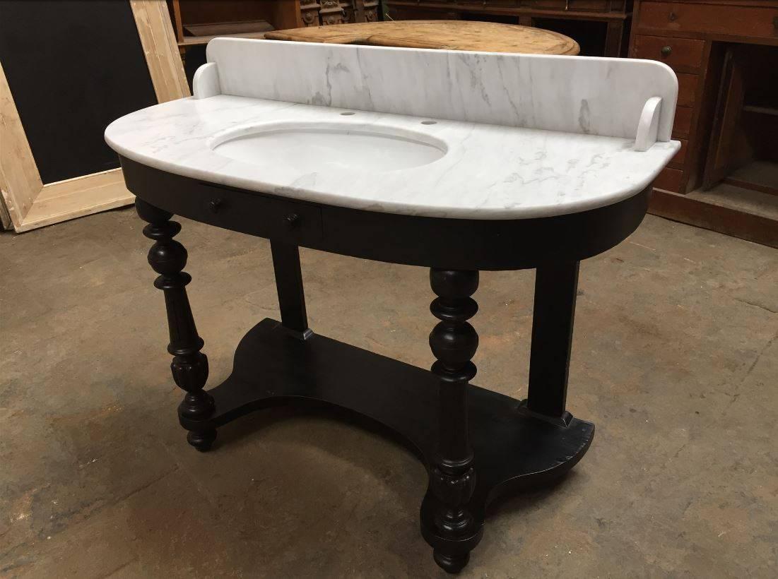 Baroque French Carrara Marble Top Sink with Ebonized Wood Base from 1890s