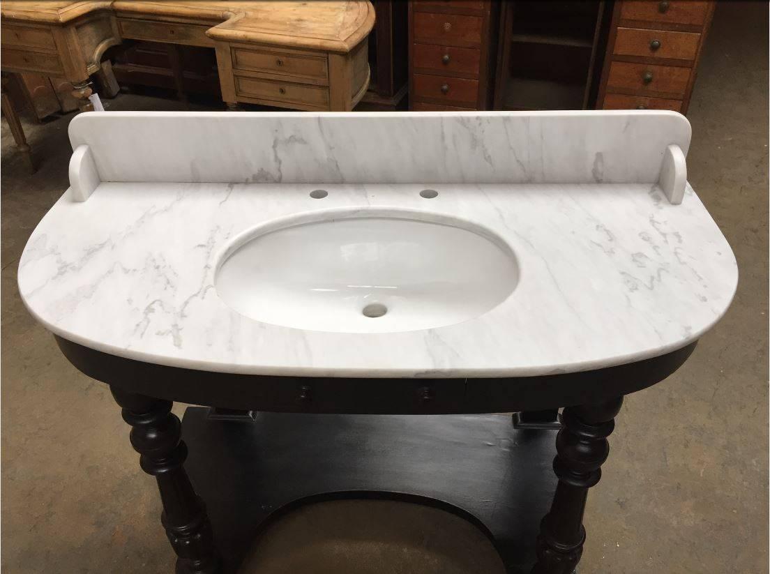 20th Century French Carrara Marble Top Sink with Ebonized Wood Base from 1890s