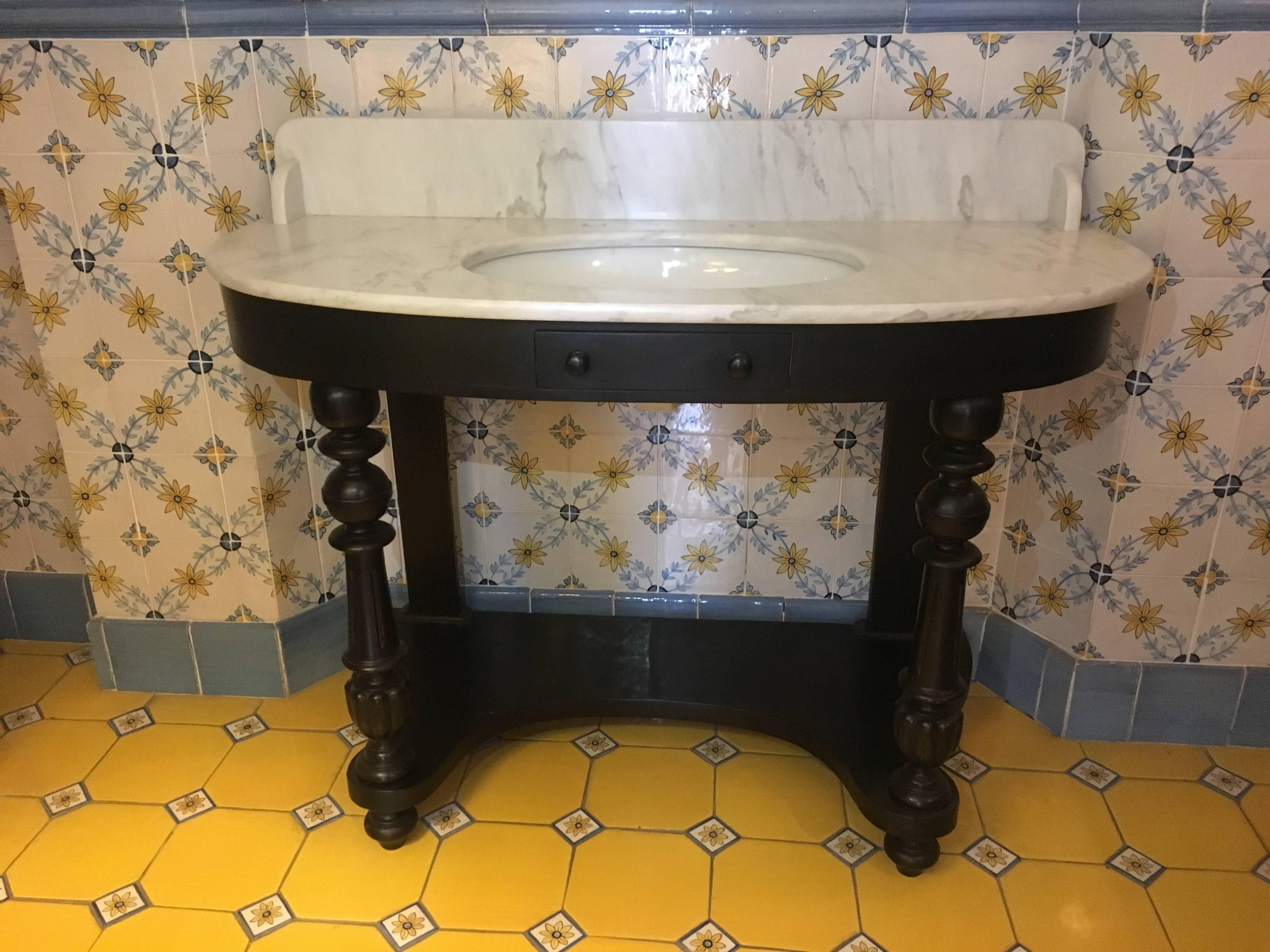 French Carrara Marble Top Sink with Ebonized Wood Base from 1890s 2