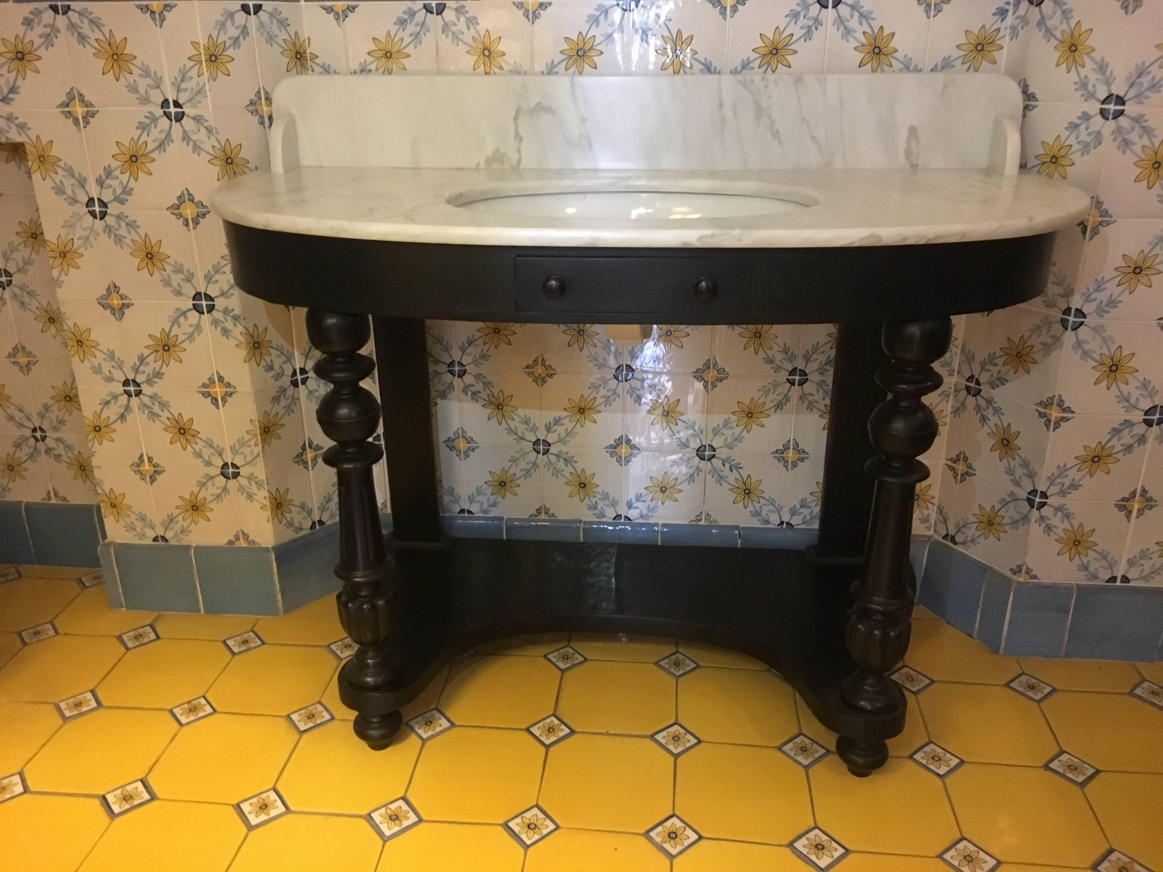 French Carrara Marble Top Sink with Ebonized Wood Base from 1890s 3