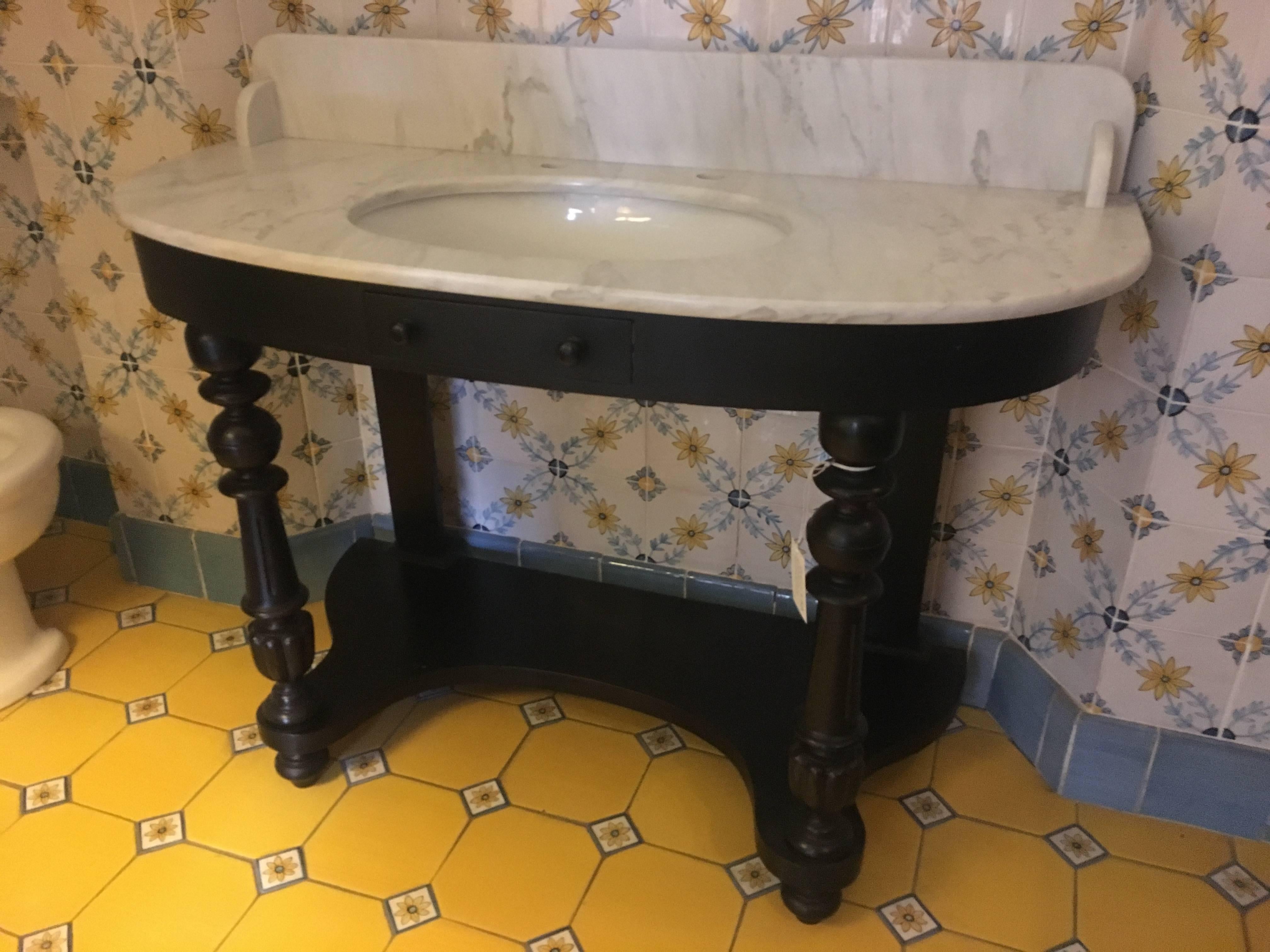 French Carrara Marble Top Sink with Ebonized Wood Base from 1890s 4