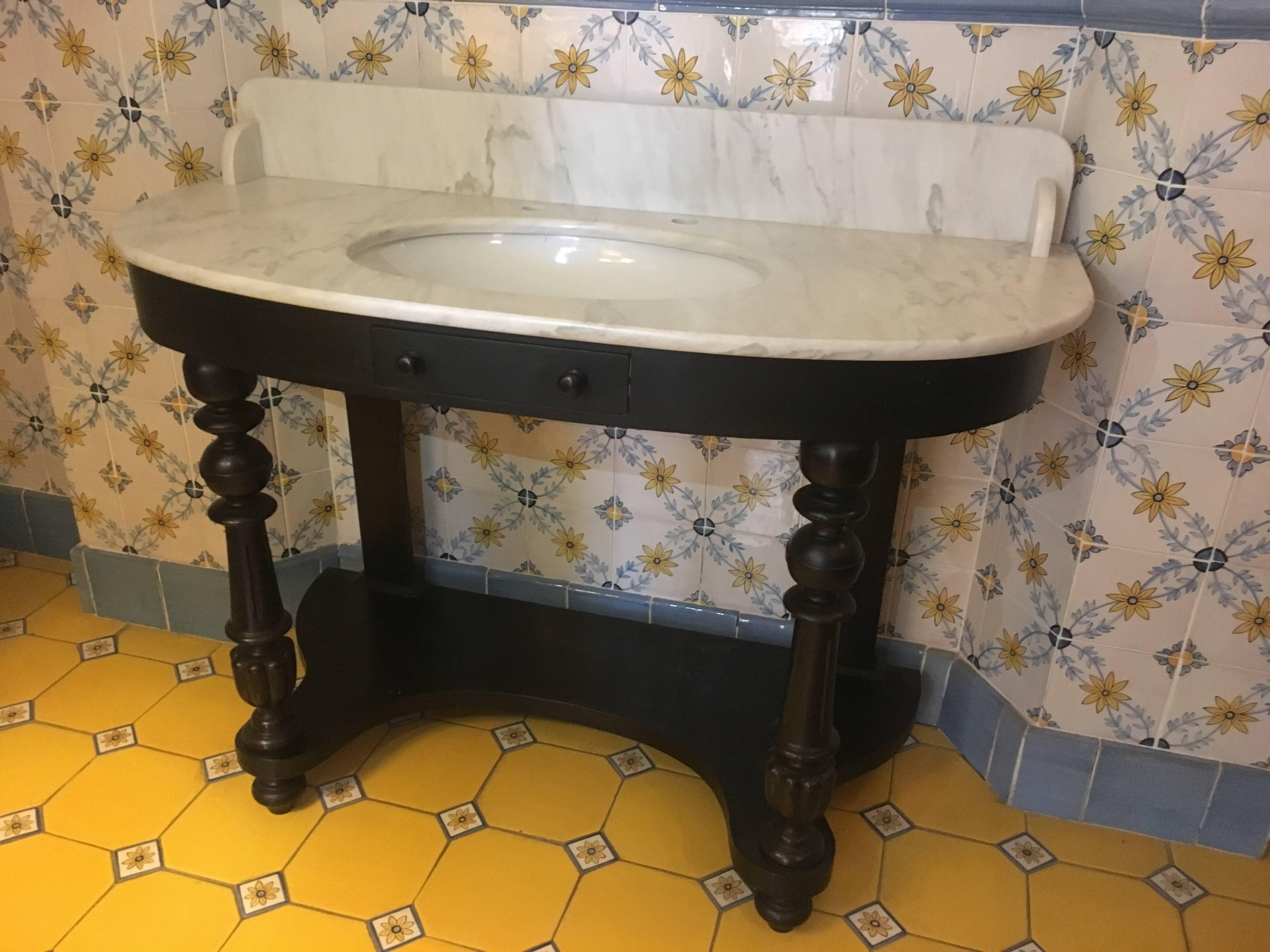 French Carrara Marble Top Sink with Ebonized Wood Base from 1890s 5