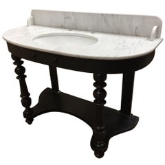 Retro French Carrara Marble Top Sink with Ebonized Wood Base from 1890s