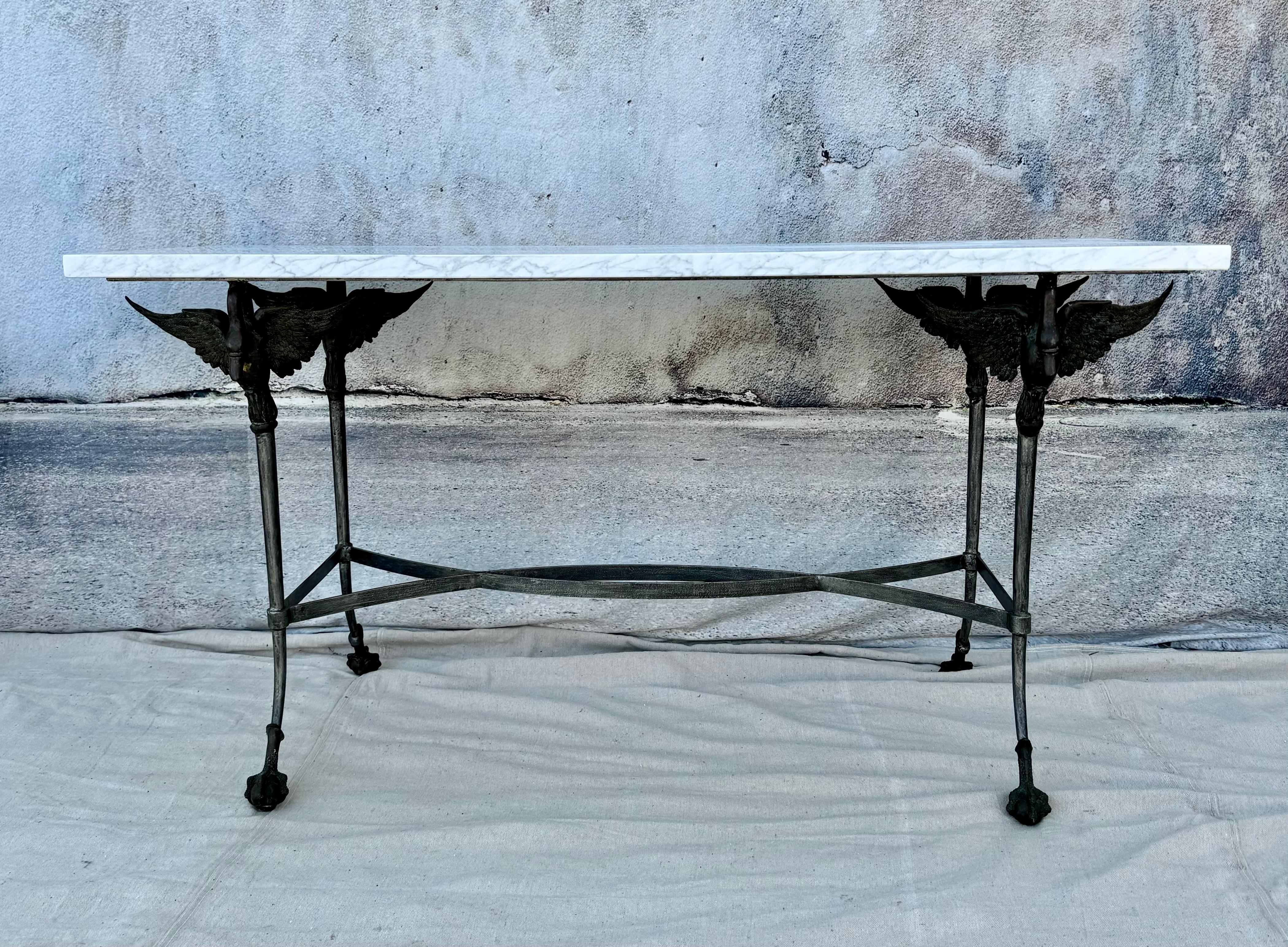 French Provincial French Carrara Marble Top Steel Table With Bronze Swans For Sale
