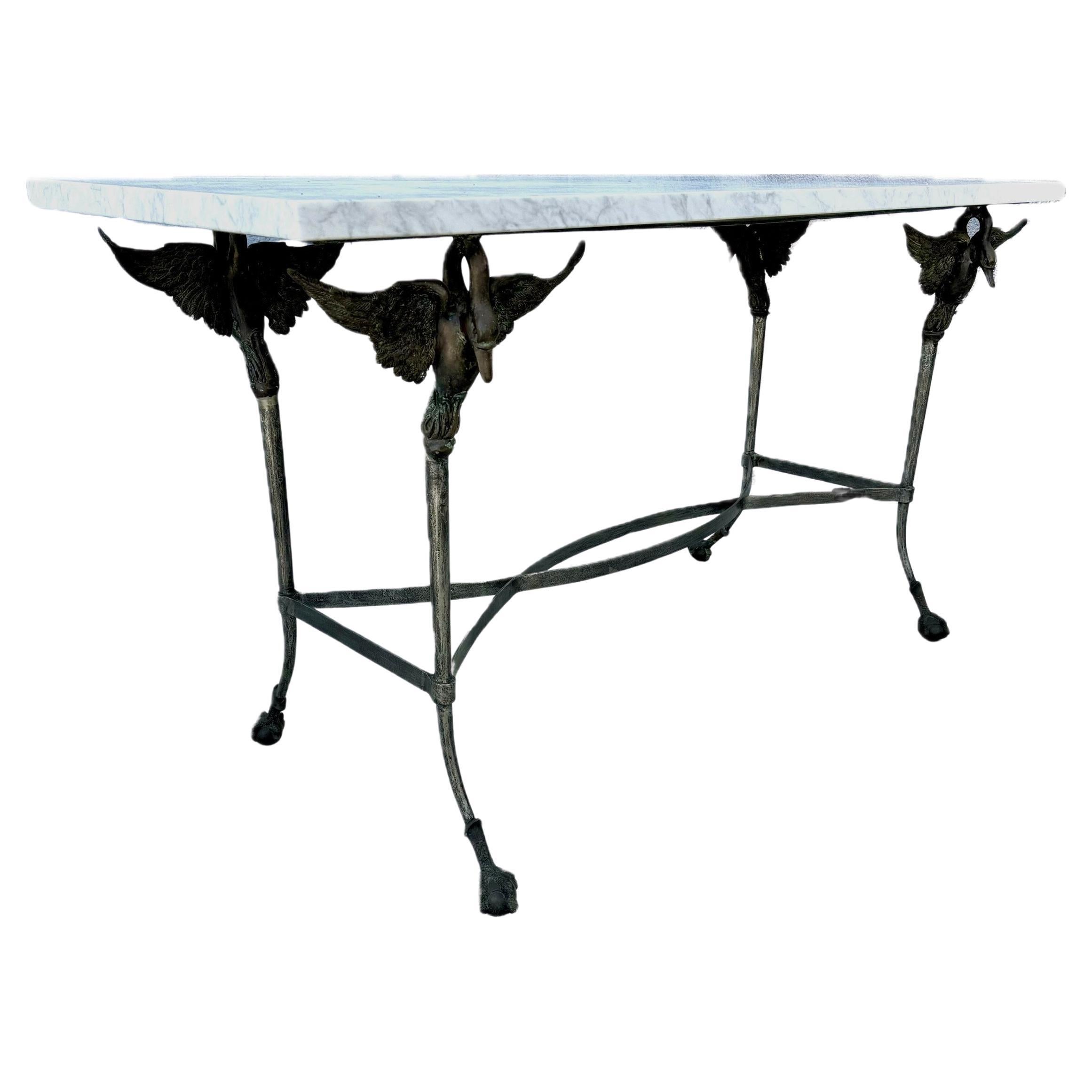 French Carrara Marble Top Steel Table With Bronze Swans