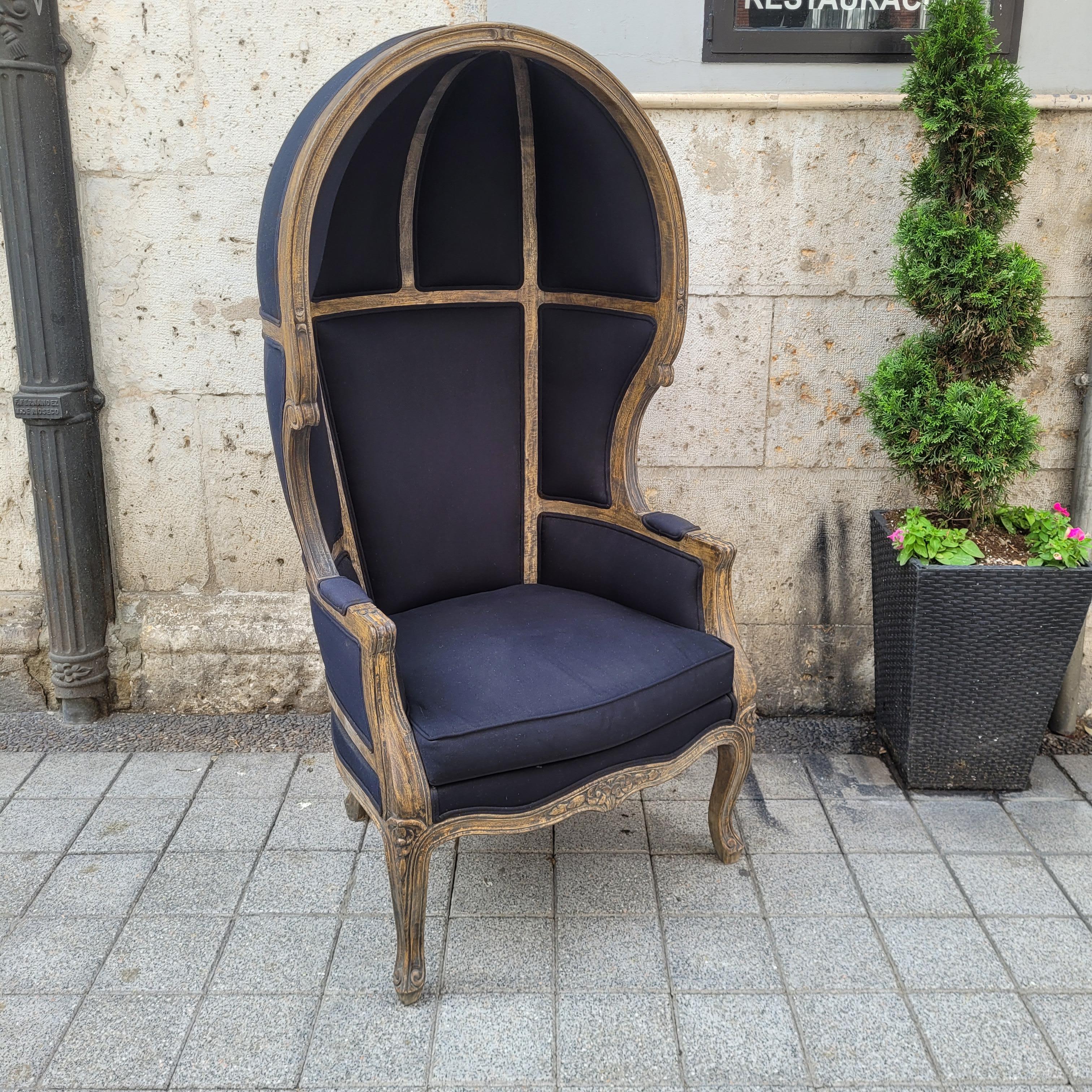 Fabric French Carriage, Porter Gray armchair Louis XV style, washed wood For Sale