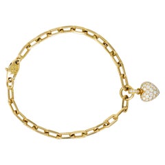 Vintage French Cartier 1.00 Carat Pave Diamond 18 Karat Gold Heart Charm Bracelet