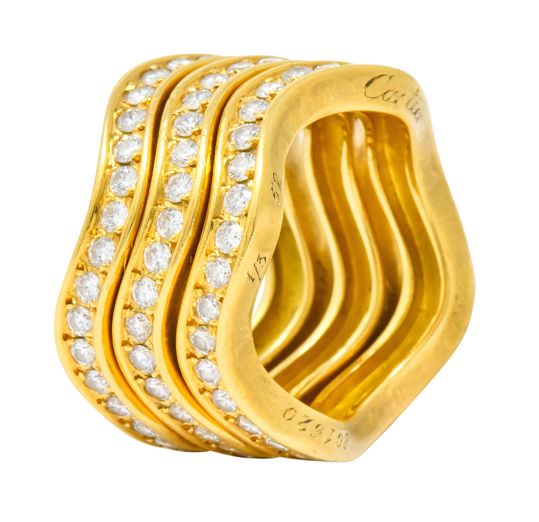 French Cartier 1.56 Carat Diamond 18 Karat Gold Wave Triple Band Stack Rings 4