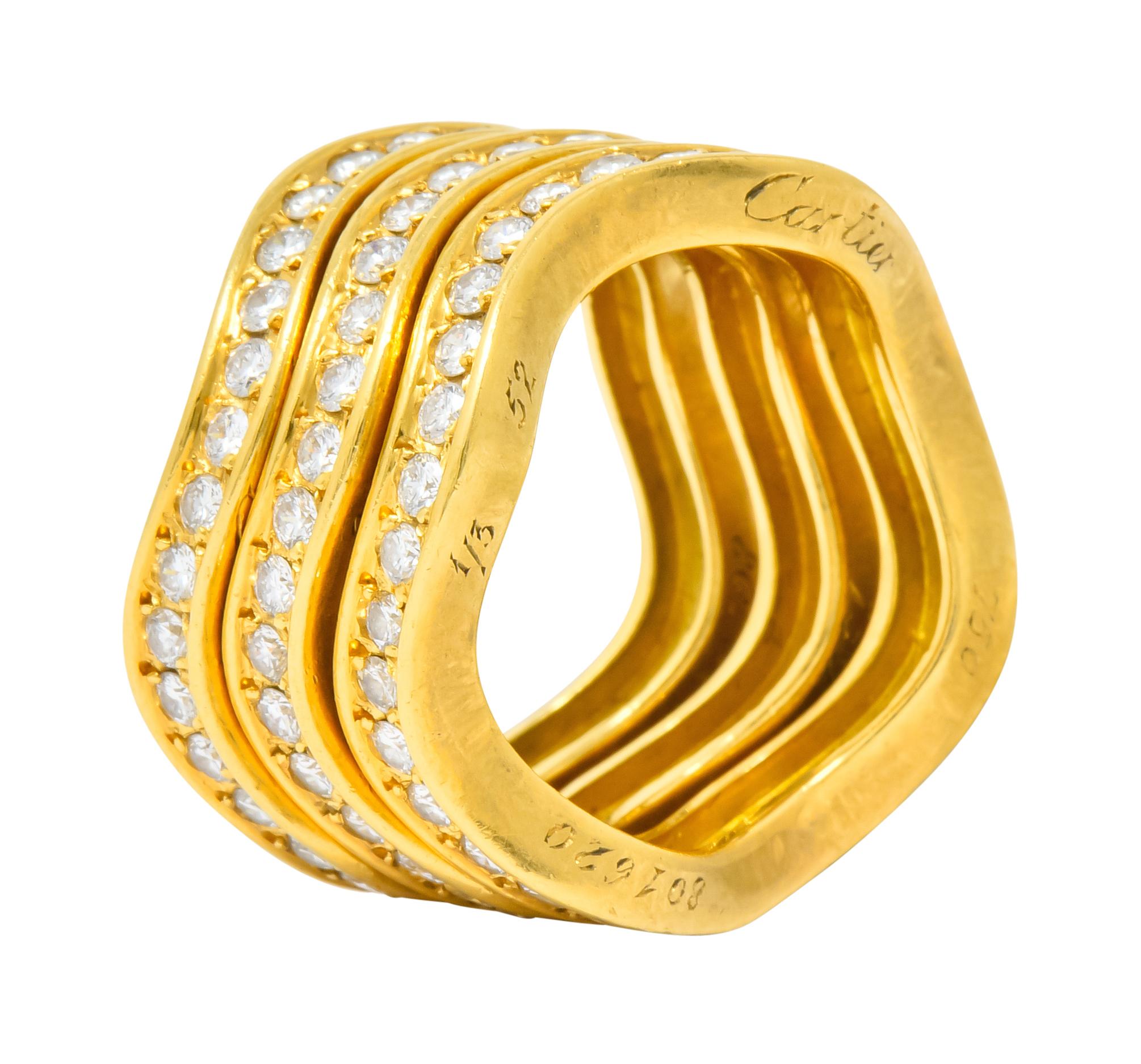 French Cartier 1.56 Carat Diamond 18 Karat Gold Wave Triple Band Stack Rings 5