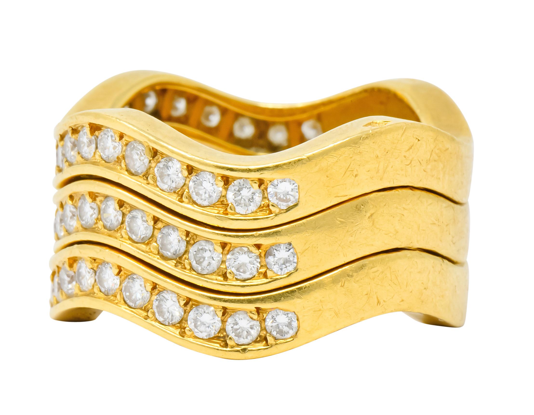 Contemporary French Cartier 1.56 Carat Diamond 18 Karat Gold Wave Triple Band Stack Rings