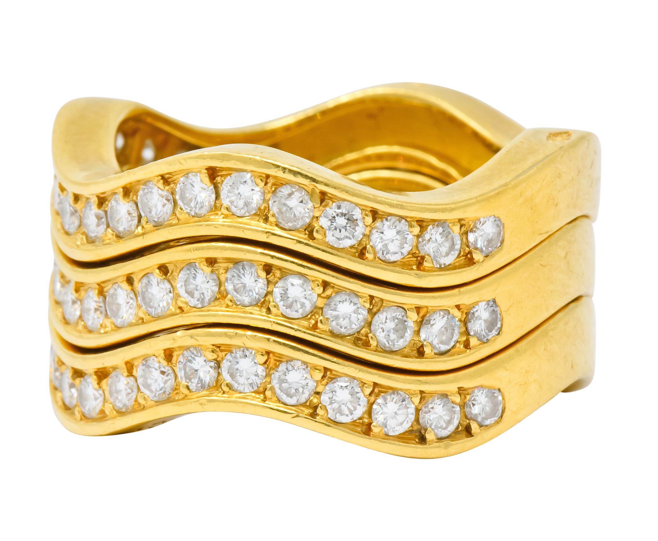 Round Cut French Cartier 1.56 Carat Diamond 18 Karat Gold Wave Triple Band Stack Rings
