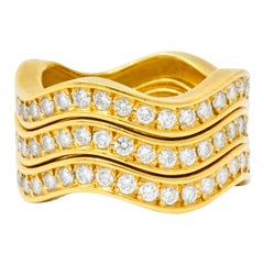 French Cartier 1.56 Carat Diamond 18 Karat Gold Wave Triple Band Stack Rings