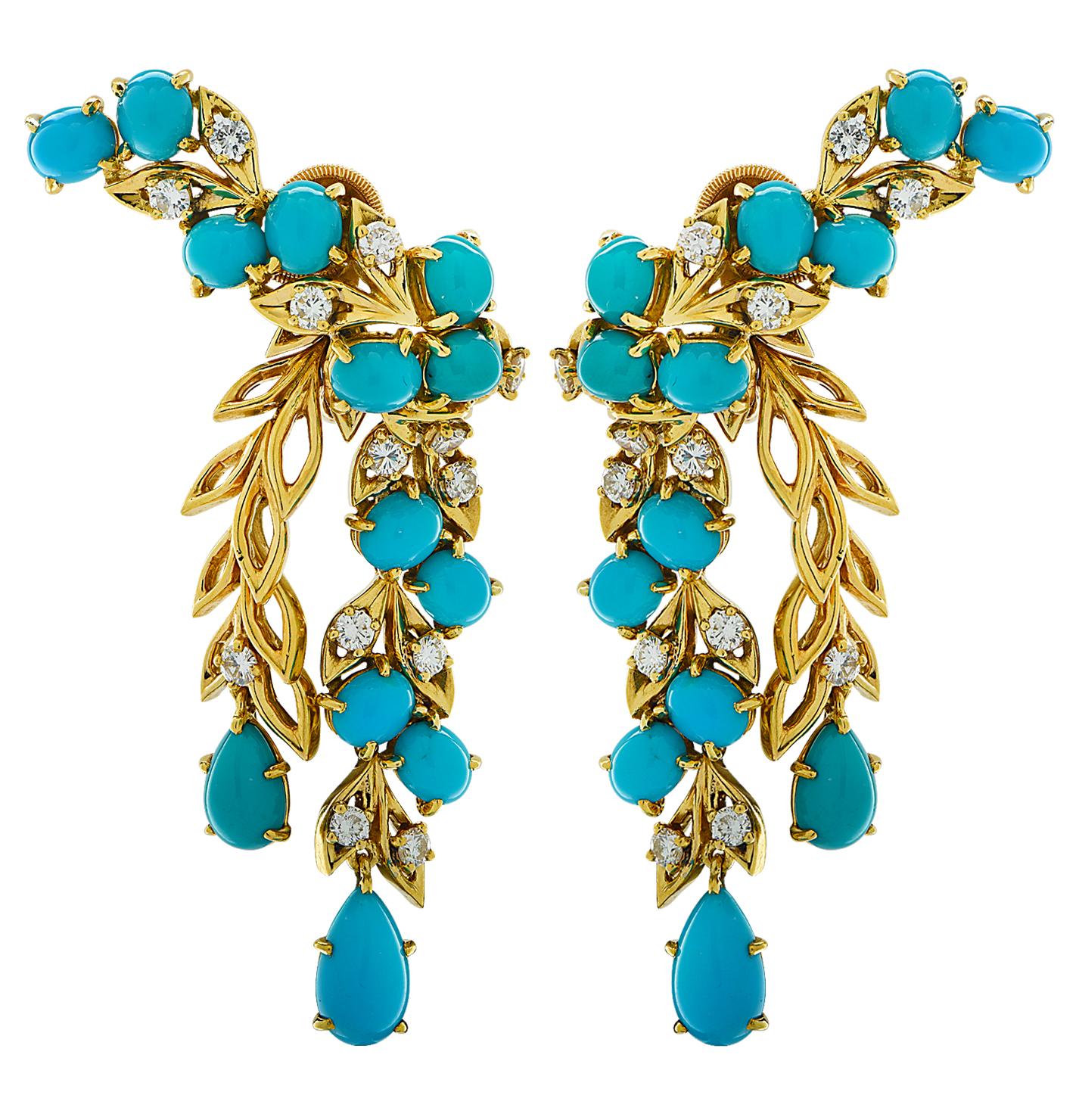 From the House of Cartier, these exquisite French Cartier earrings, circa 1960, crafted in 18 karat yellow gold, feature 26 round brilliant cut diamonds weighing approximately 1.3 carats total, E-F color, VS clarity and 26 Turquoise cabochons. The