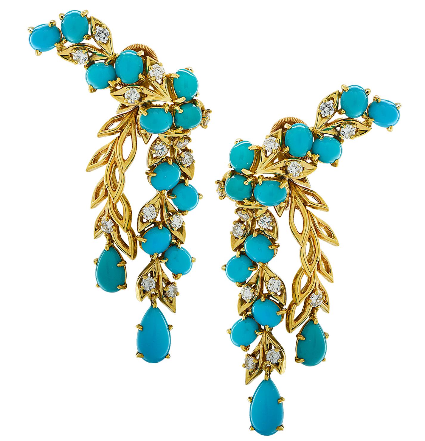 Cabochon French Cartier Diamond and Turquoise Earrings, circa 1960