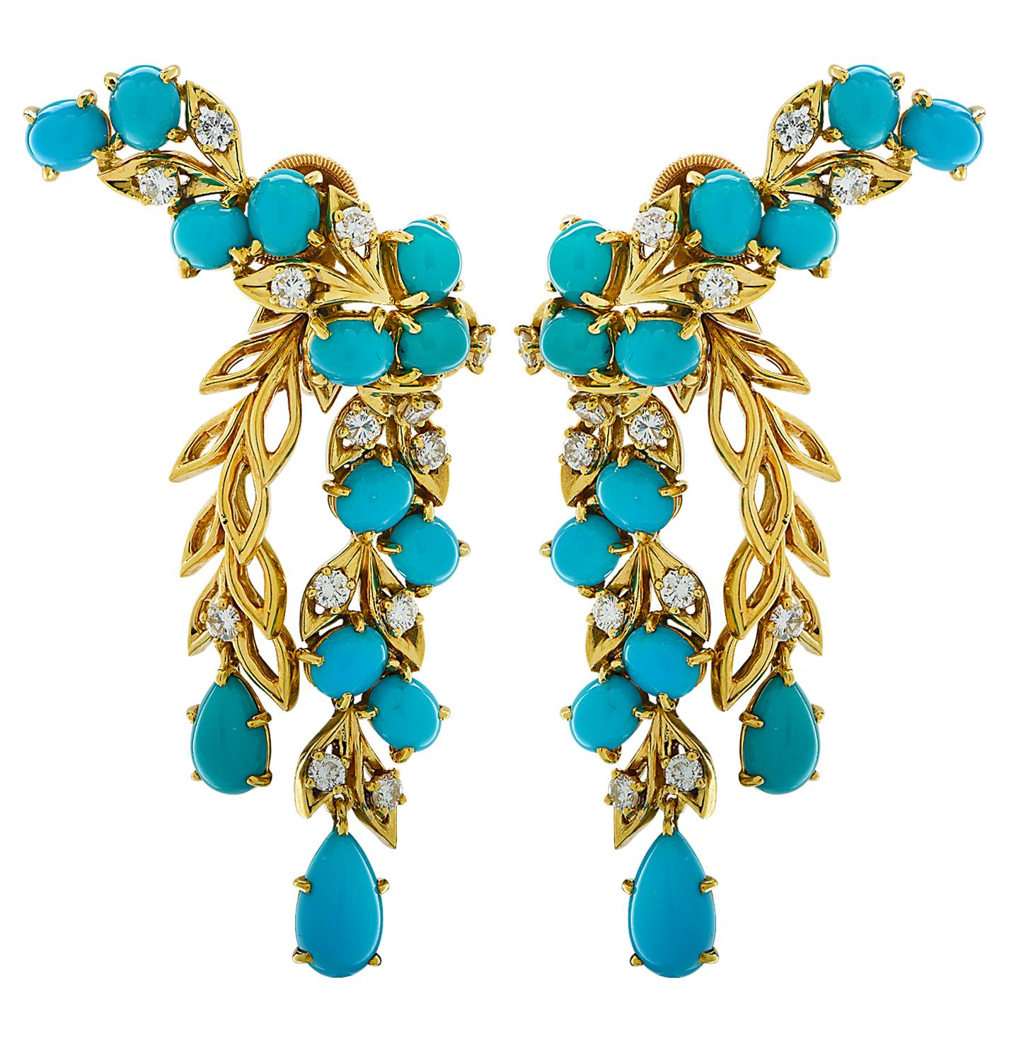 French Cartier Diamond and Turquoise Earrings, circa 1960 In Good Condition In Miami, FL