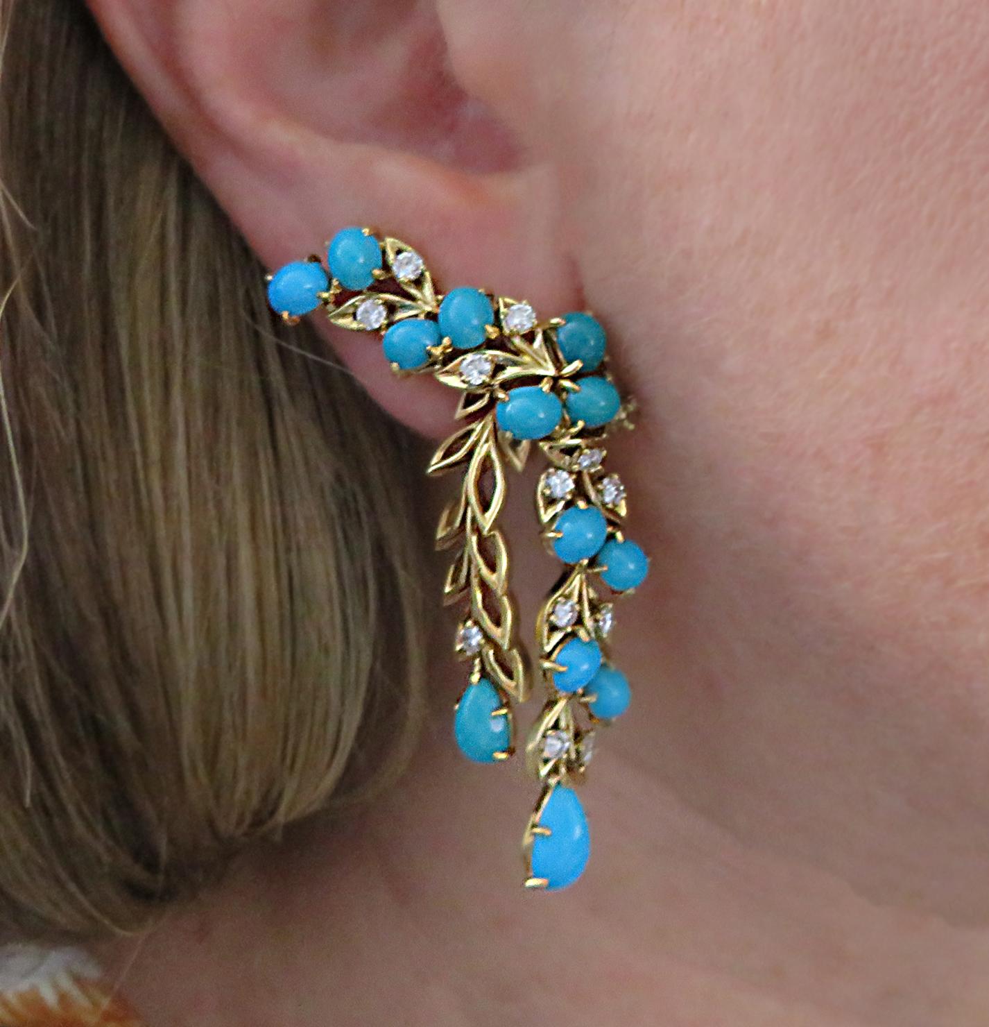 Women's French Cartier Diamond and Turquoise Earrings, circa 1960