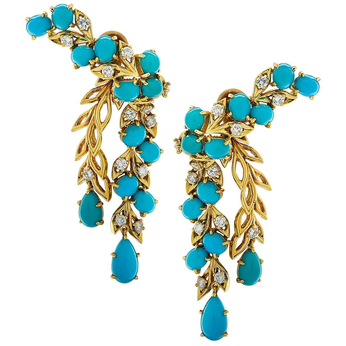 French Cartier Diamond and Turquoise Earrings, circa 1960