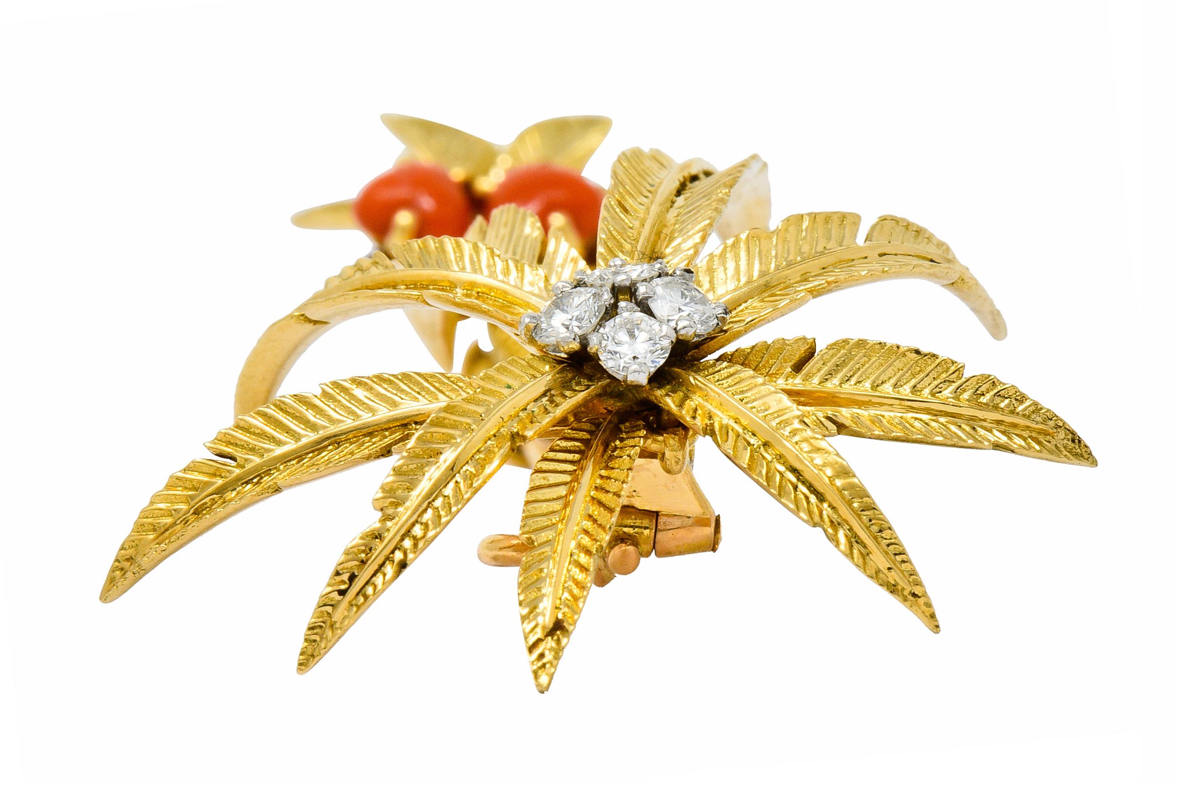 French Cartier Diamond Coral 18 Karat Gold Vintage Palm Tree Brooch 3