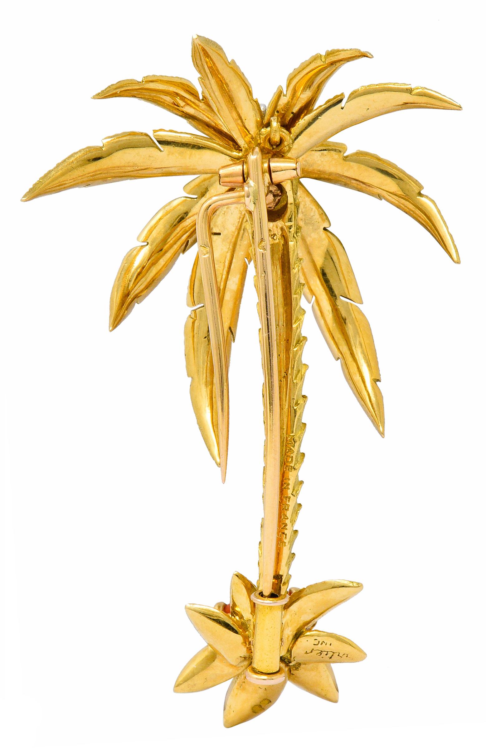 Modernist French Cartier Diamond Coral 18 Karat Gold Vintage Palm Tree Brooch