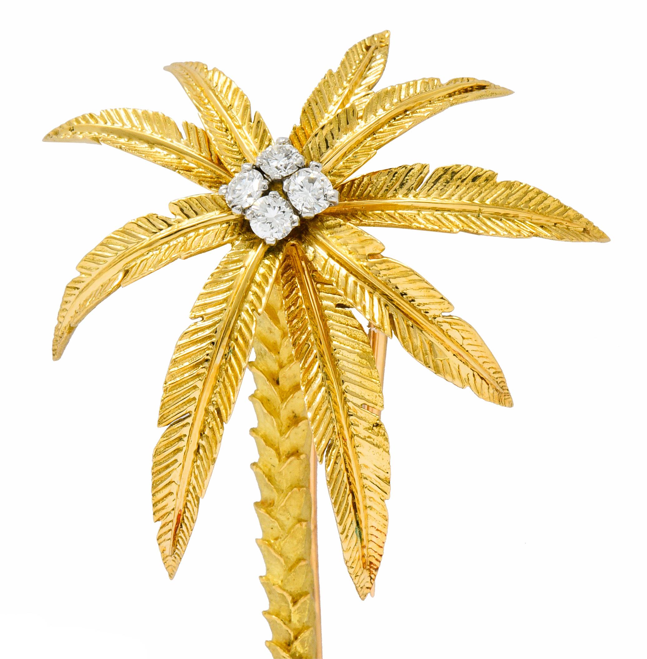 Women's or Men's French Cartier Diamond Coral 18 Karat Gold Vintage Palm Tree Brooch