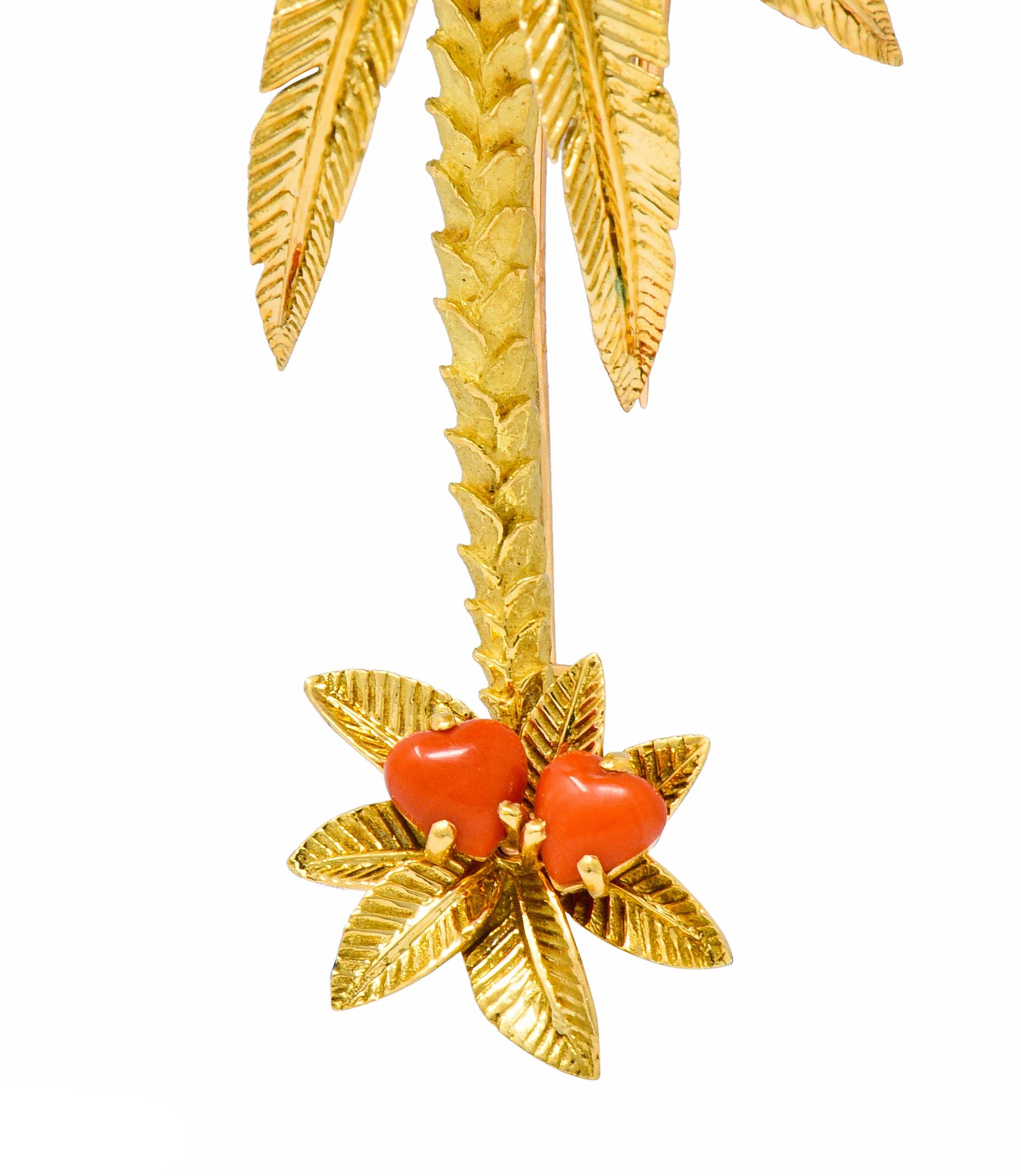 French Cartier Diamond Coral 18 Karat Gold Vintage Palm Tree Brooch 1