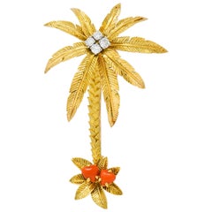 French Cartier Diamond Coral 18 Karat Gold Vintage Palm Tree Brooch