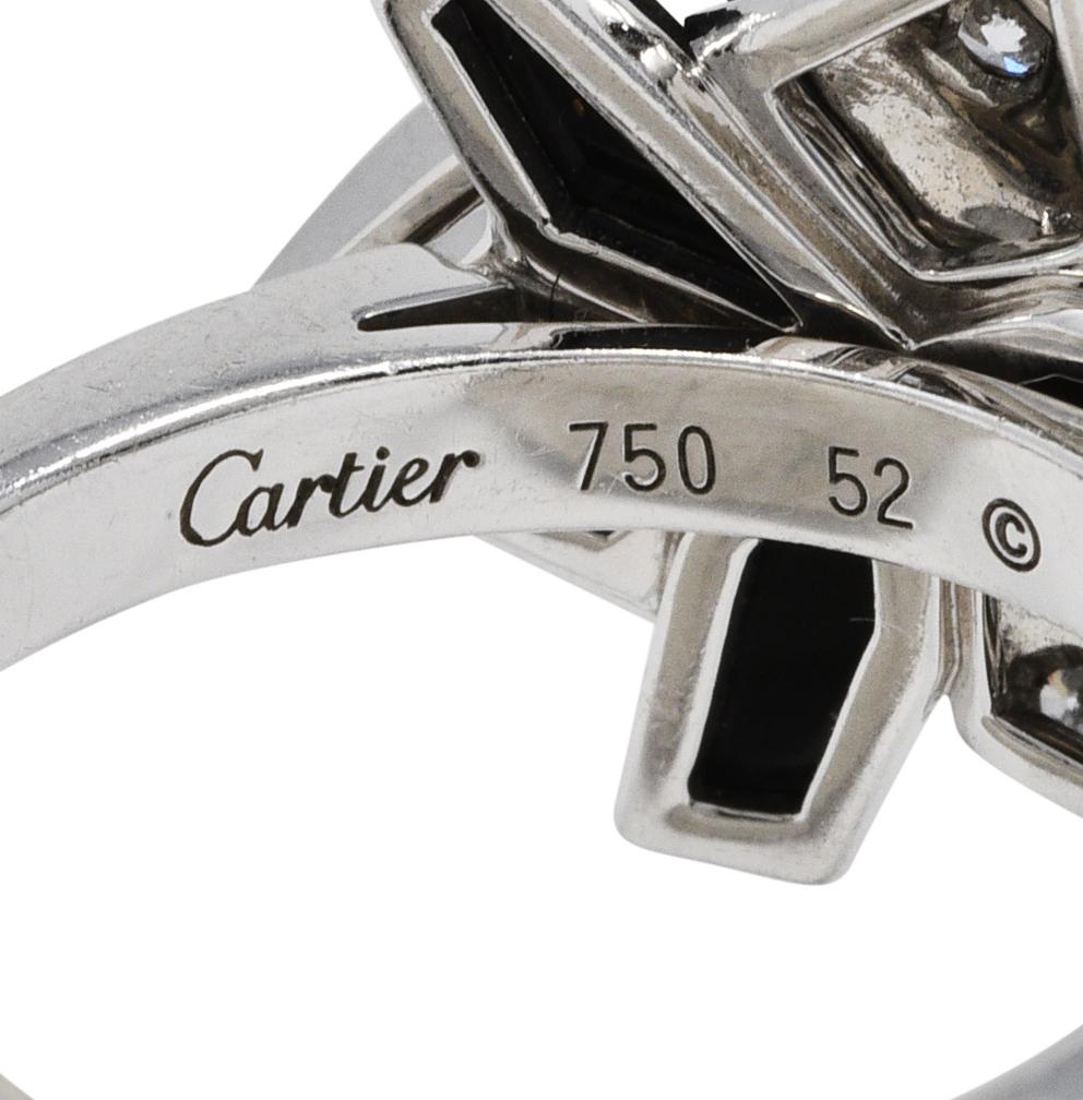 Women's or Men's French Cartier Diamond Onyx Garnet 18 Karat White Gold Caresse D' Orchid Ring