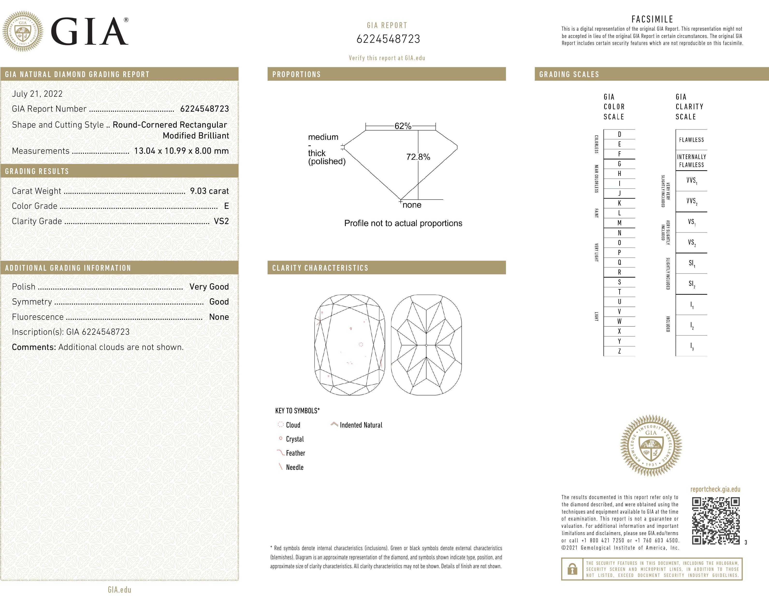 From The House of Cartier, this bespoke engagement ring, finely crafted in platinum, showcases a spectacular GIA certified cushion cut diamond weighing 9.03 carats, E color, VS2 clarity. This exquisite diamond is seamlessly set in a diamond