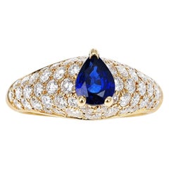 French Cartier Pear Shape Blue Sapphire Ring with Diamonds, 18 Karat Yellow Gold