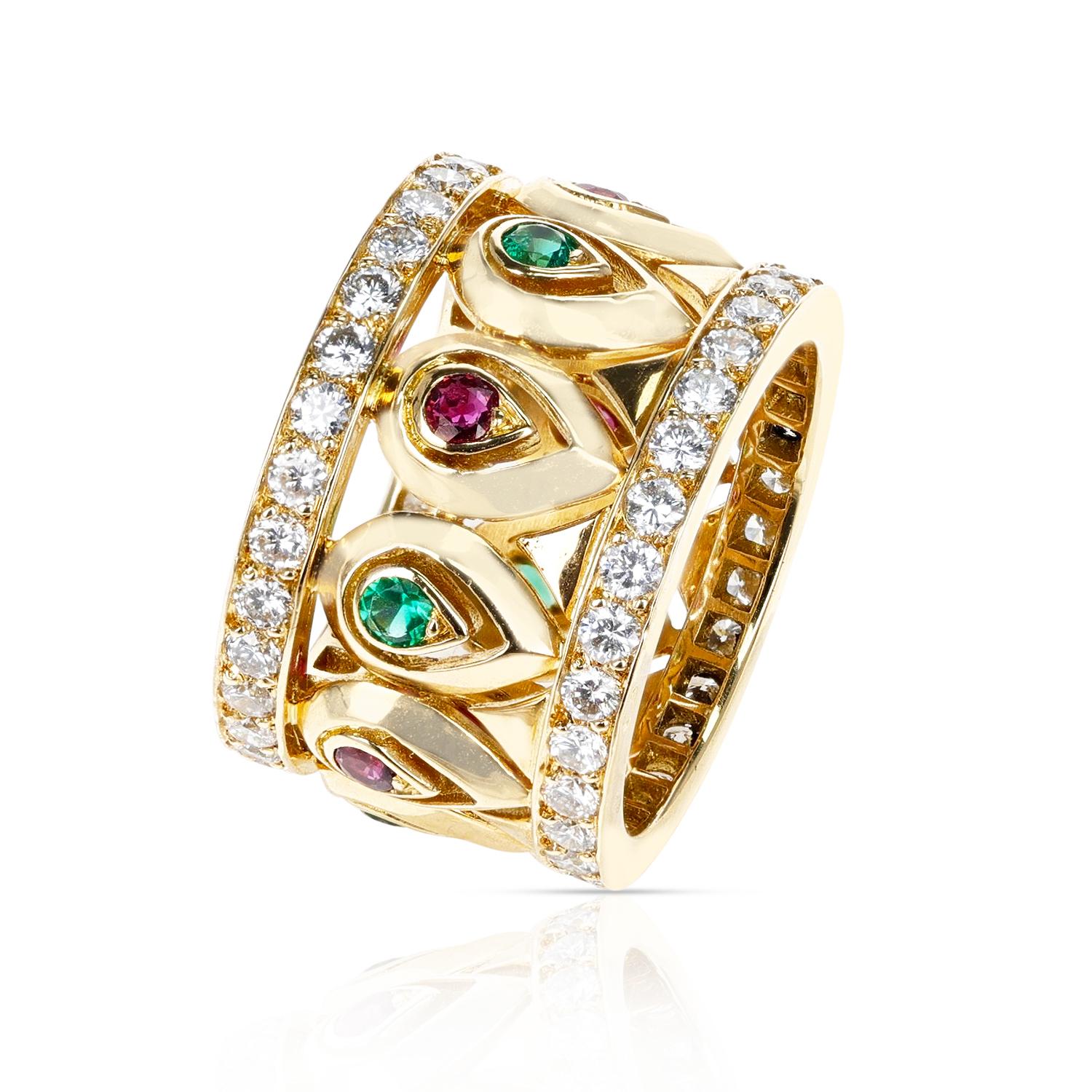 A French Cartier Ruby and Emerald with Double Diamond Border Band made in 18 Karat Yellow Gold with a Certificate of Authenticity from Cartier. Total Weight: 10.47 grams. Ring Size US 6.

SKU: 491-FHJAML