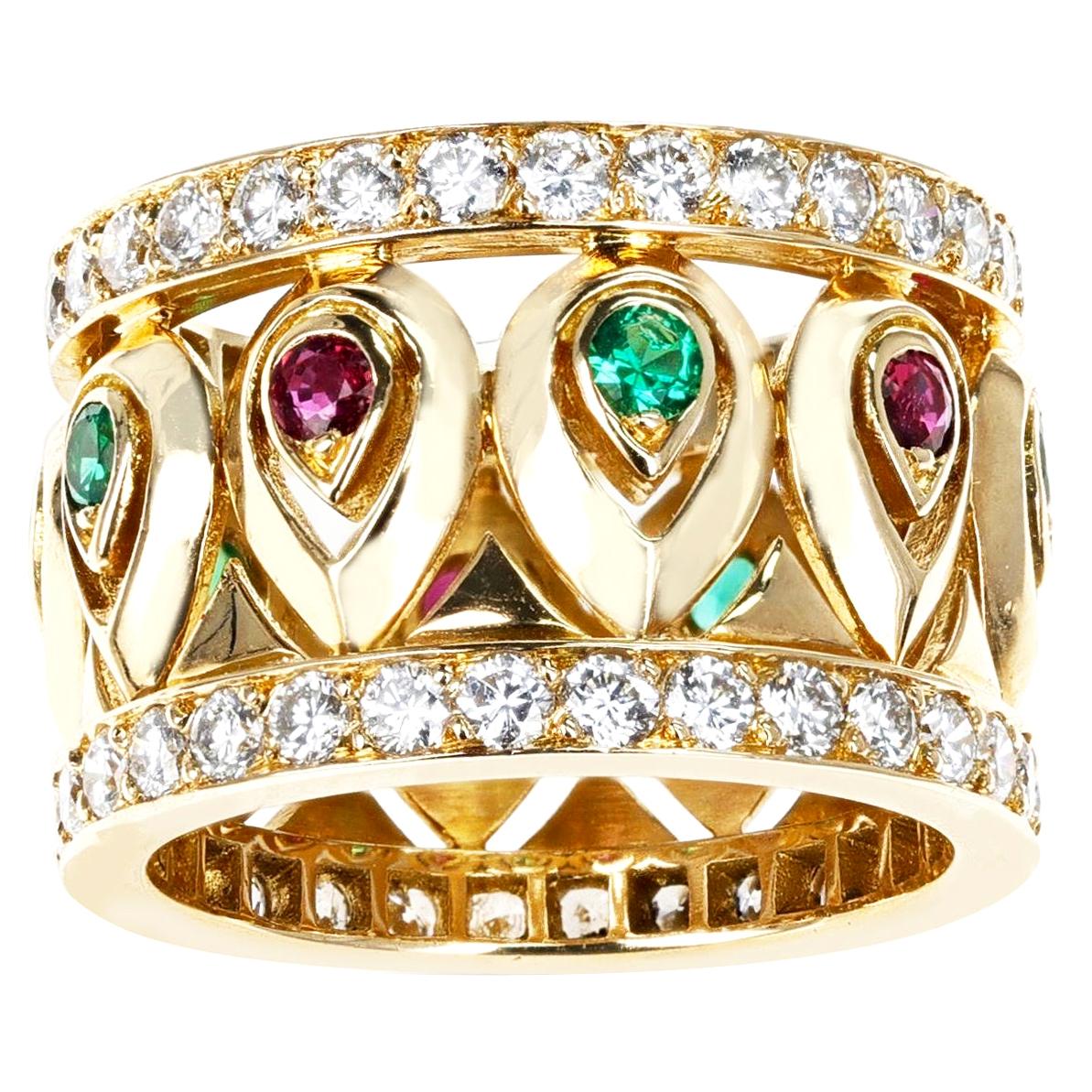 Französischer Cartier Rubin- und Smaragd-Ring mit Diamantbordürenband, 18K mit Zertifikat