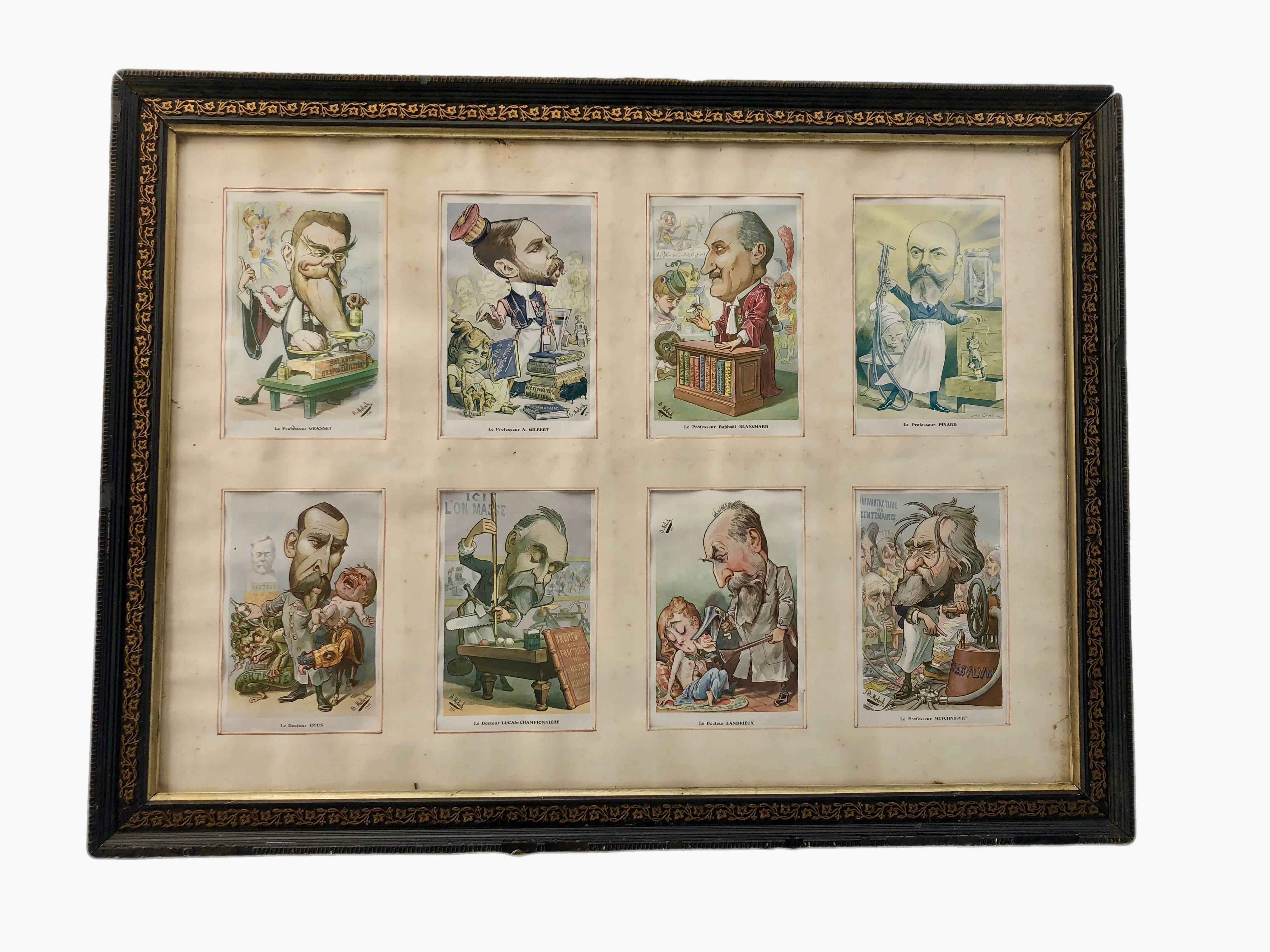 This is a set of eight color lithographs by French cartoonist B. Moloch, from 1907 and 1908. All are in their two original black frames with gold detailed trim (four lithographs per frame) and include the name of each caricature. 

French