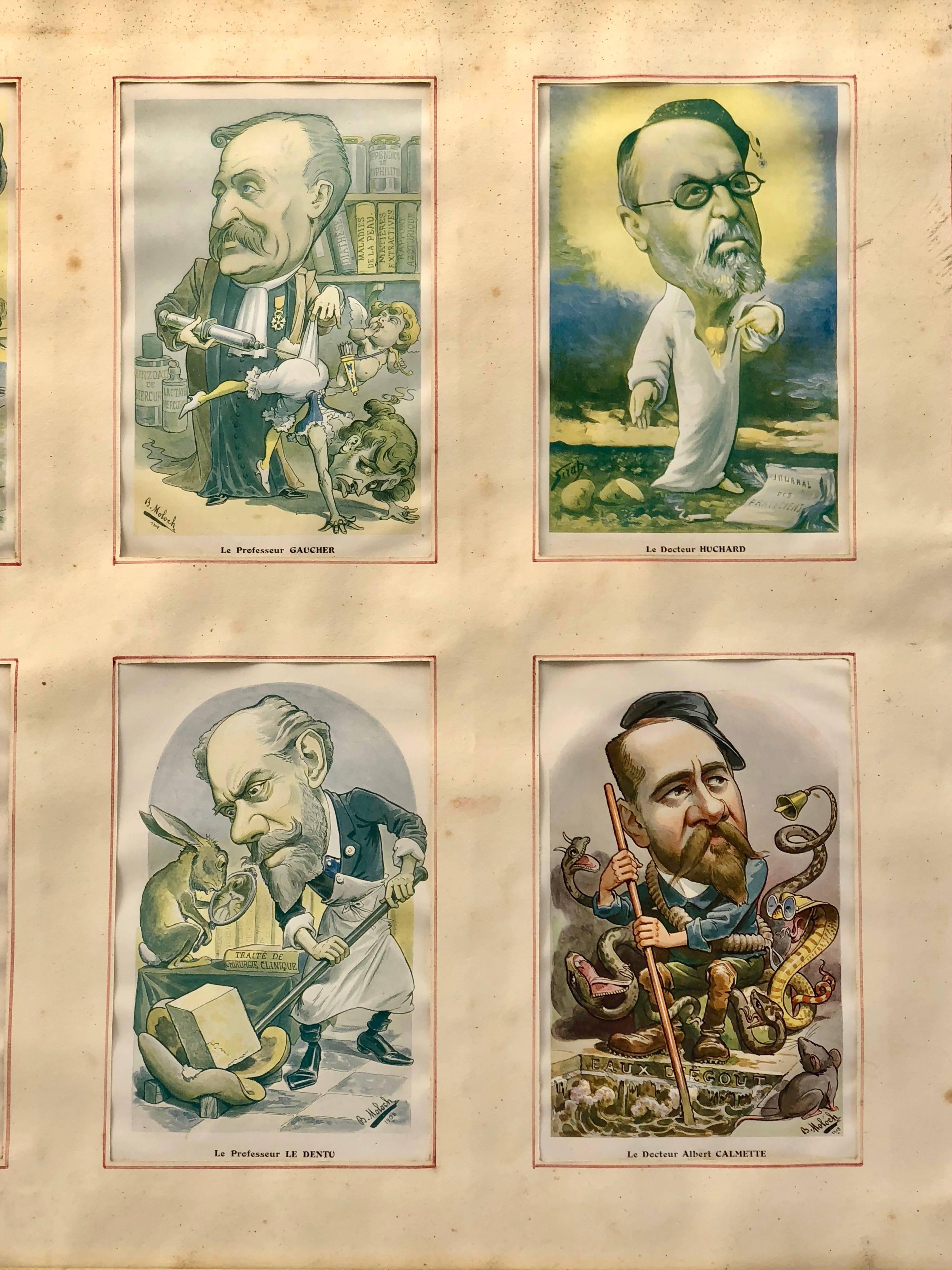 French Cartoonist B. Moloch, 1907 Color Prints, Two Frames Containing Eight Lithographs For Sale