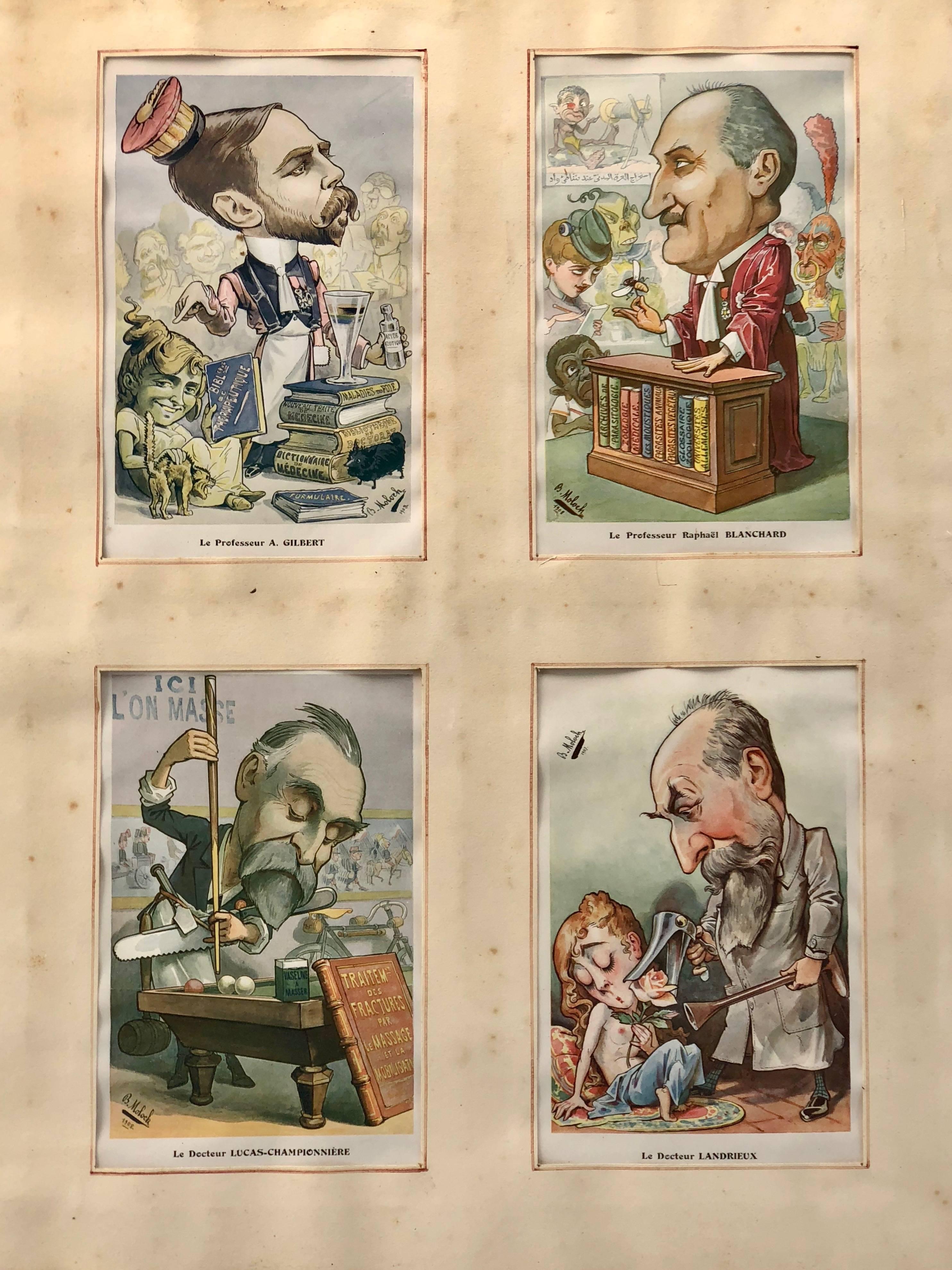 Other Cartoonist B. Moloch, 1907 Color Prints, Two Frames Containing Eight Lithographs For Sale