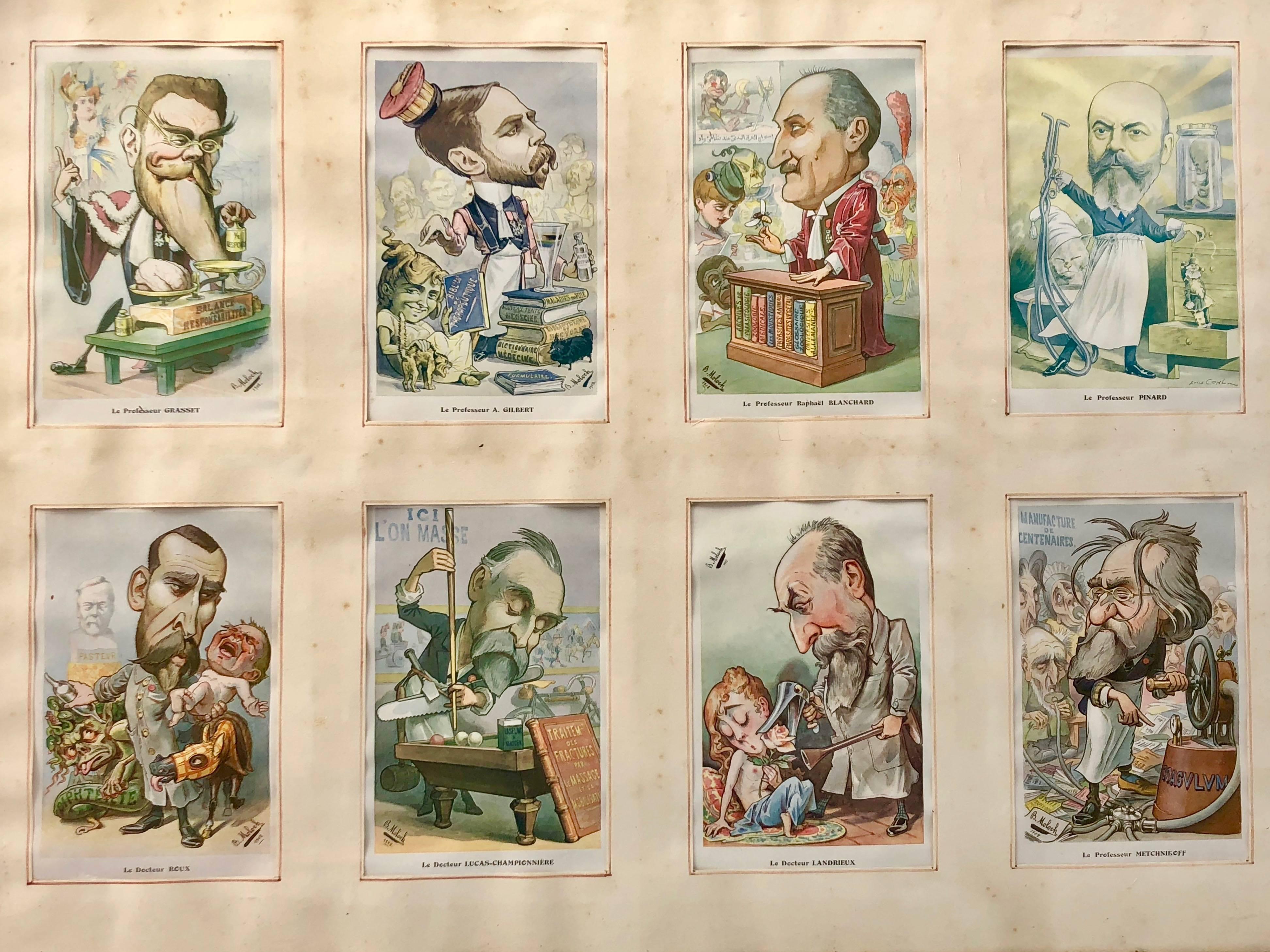 Cartoonist B. Moloch, 1907 Color Prints, Two Frames Containing Eight Lithographs In Fair Condition For Sale In Petaluma, CA