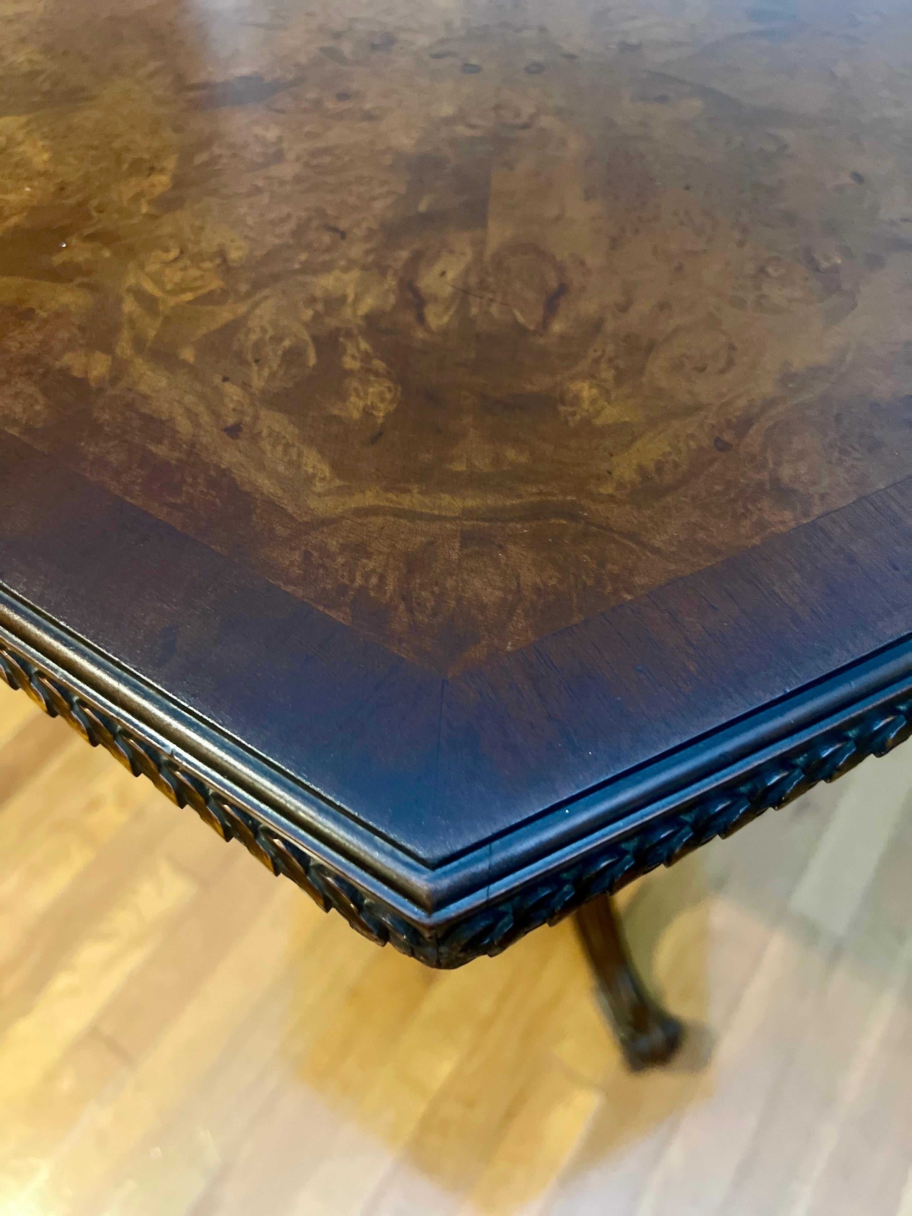 French Carved and Book-Matched Walnut Burl Hexagonal Pedestal Table For Sale 6