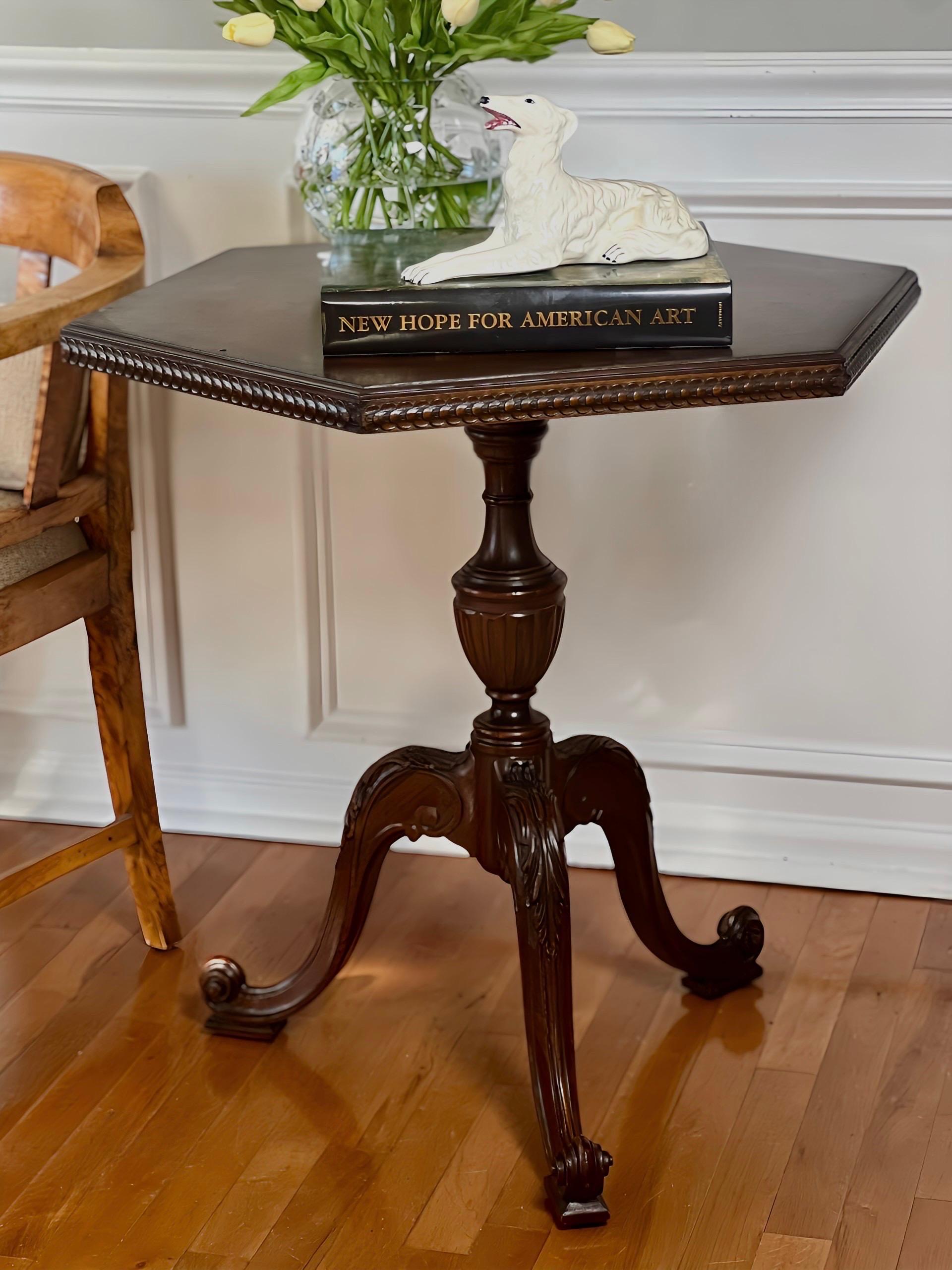 French Carved and Book-Matched Walnut Burl Hexagonal Pedestal Table For Sale 12