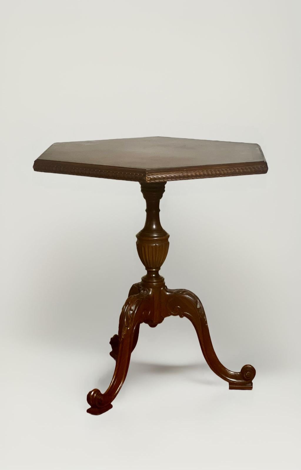 French Carved and Book-Matched Walnut Burl Hexagonal Pedestal Table In Good Condition For Sale In Doylestown, PA