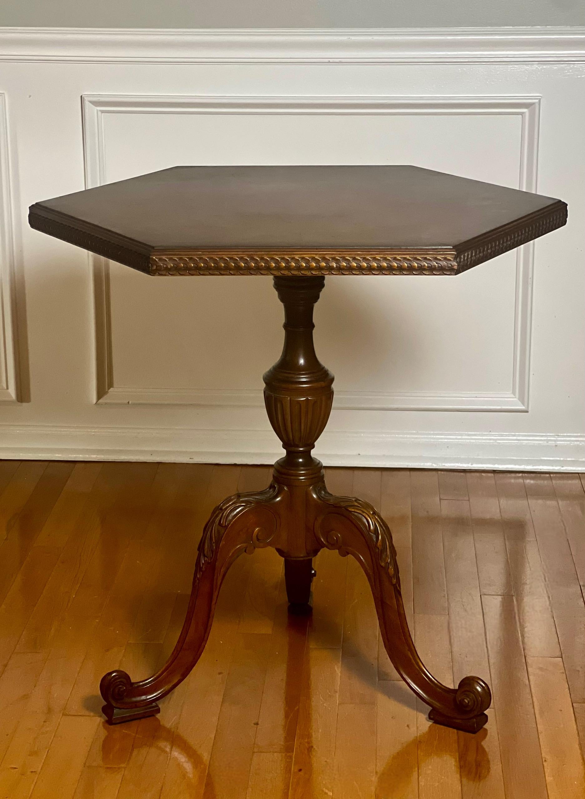 French Carved and Book-Matched Walnut Burl Hexagonal Pedestal Table For Sale 1