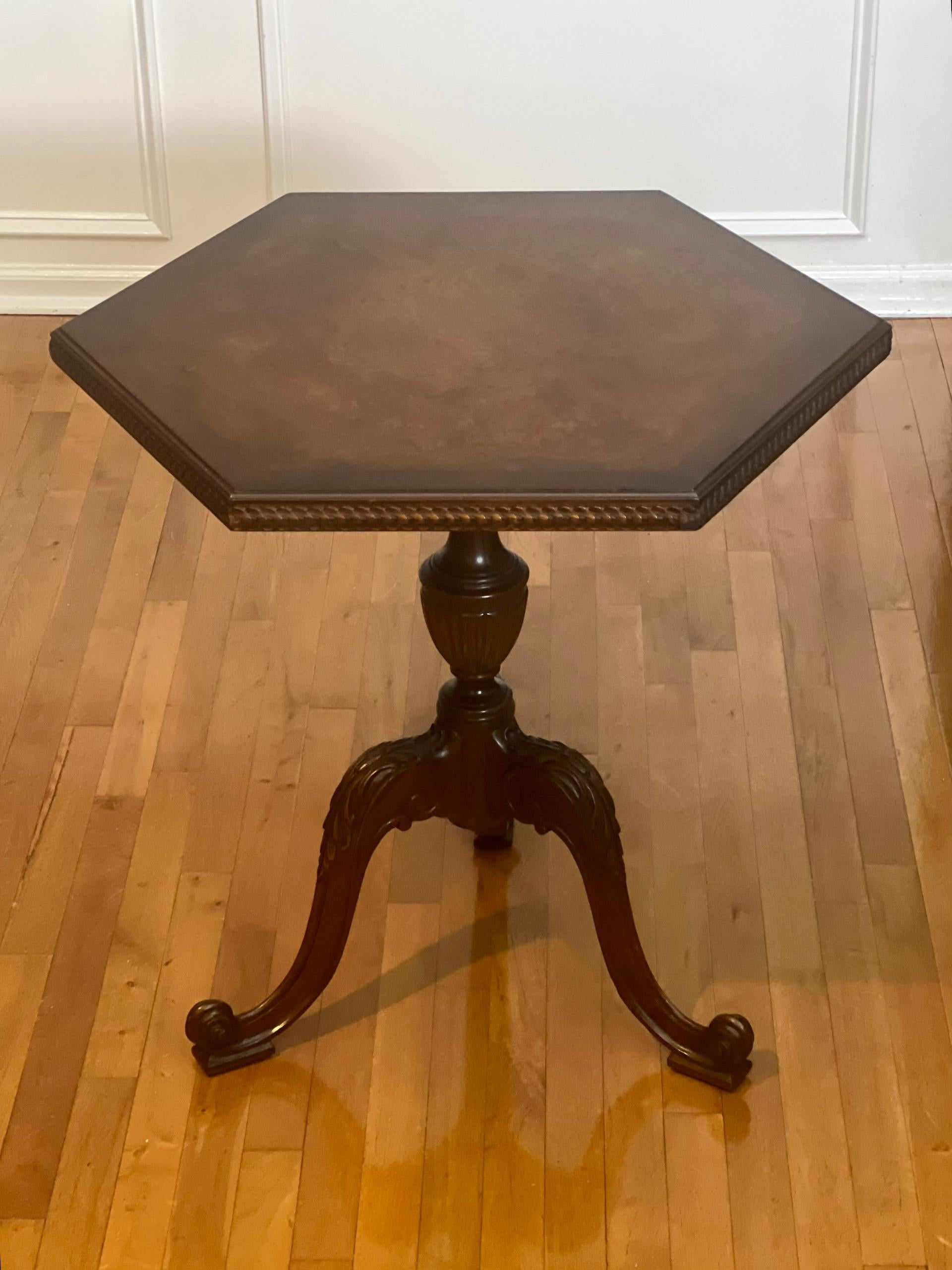 French Carved and Book-Matched Walnut Burl Hexagonal Pedestal Table For Sale 2