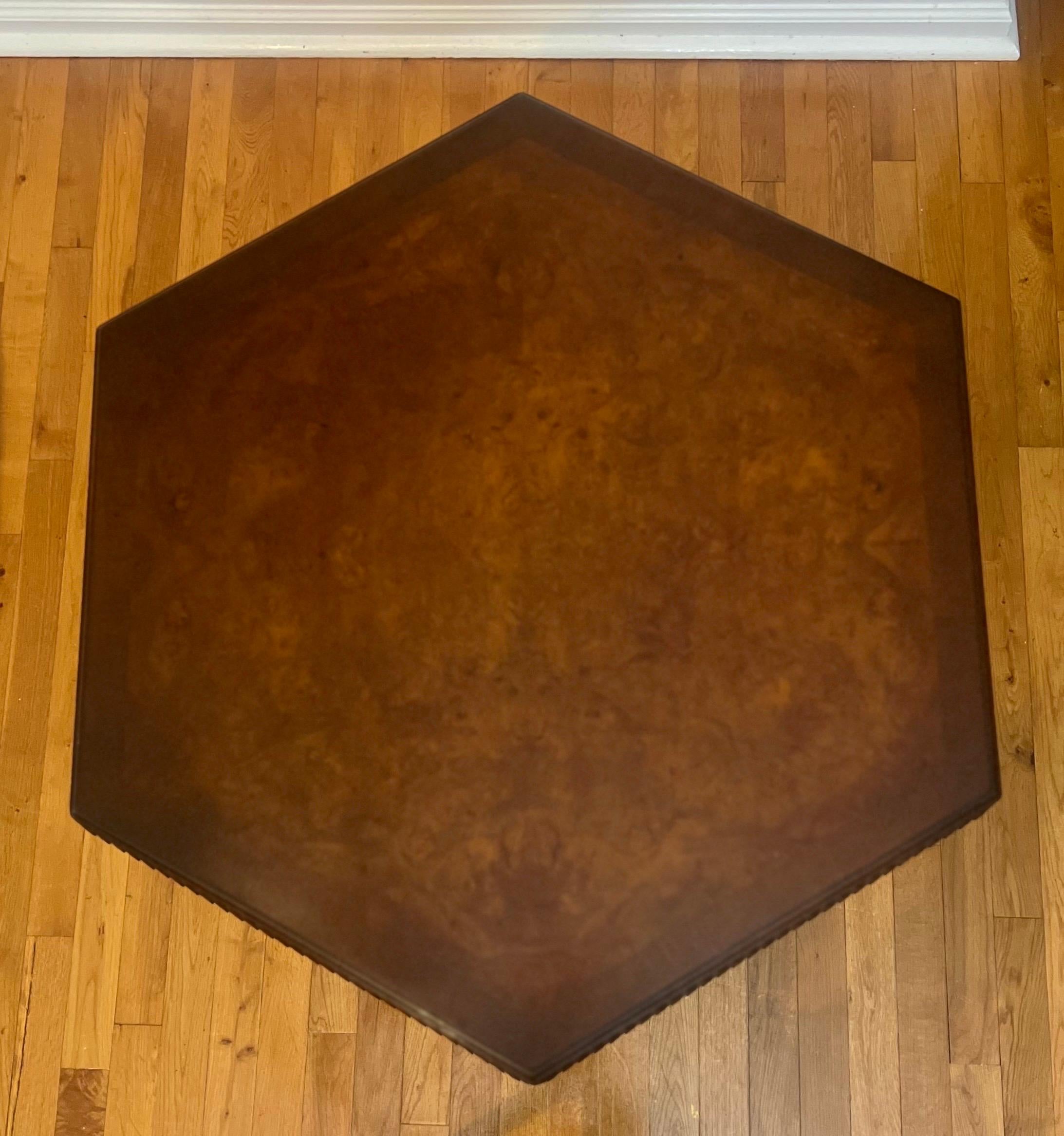 French Carved and Book-Matched Walnut Burl Hexagonal Pedestal Table For Sale 3