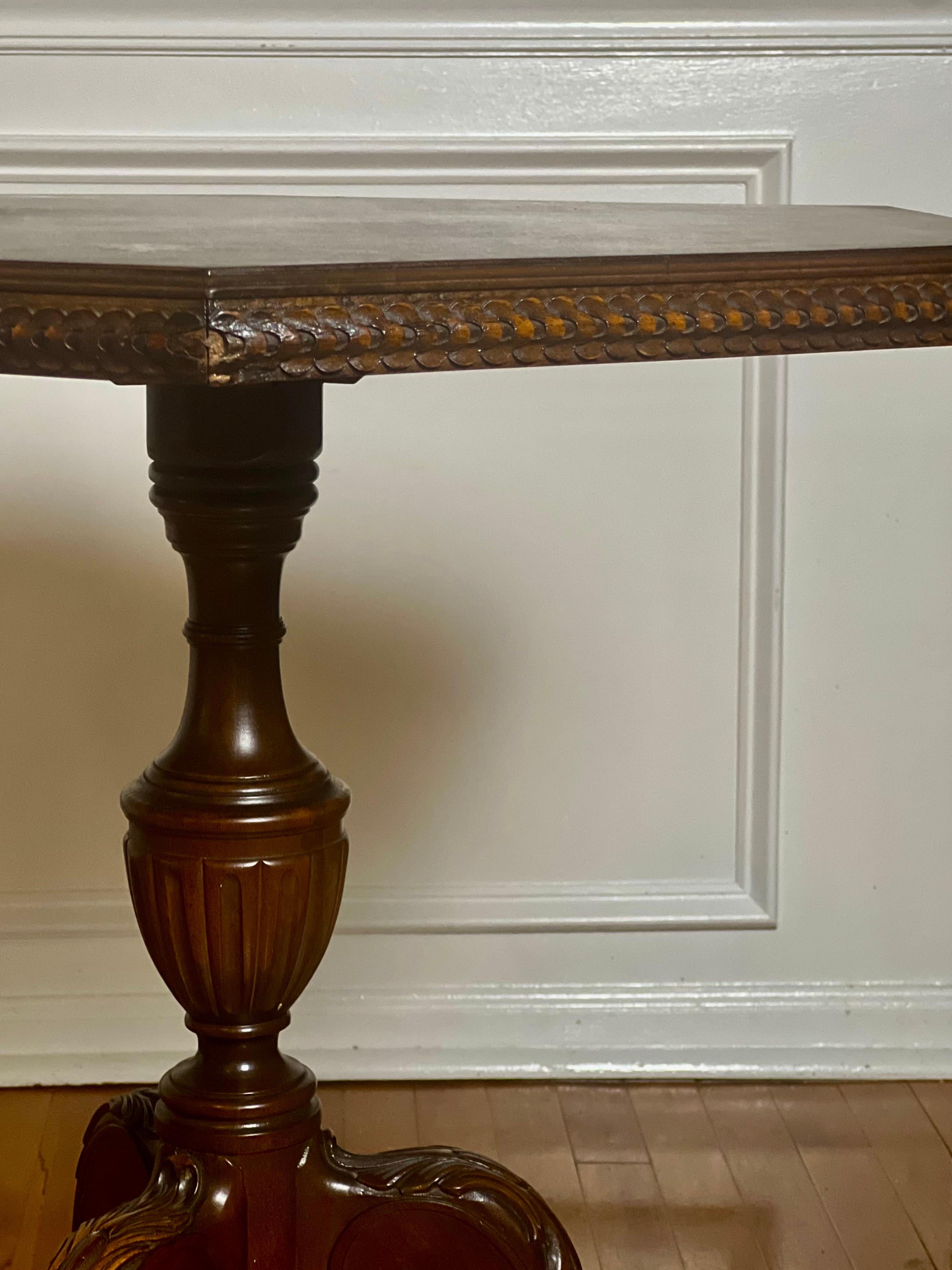 French Carved and Book-Matched Walnut Burl Hexagonal Pedestal Table For Sale 4