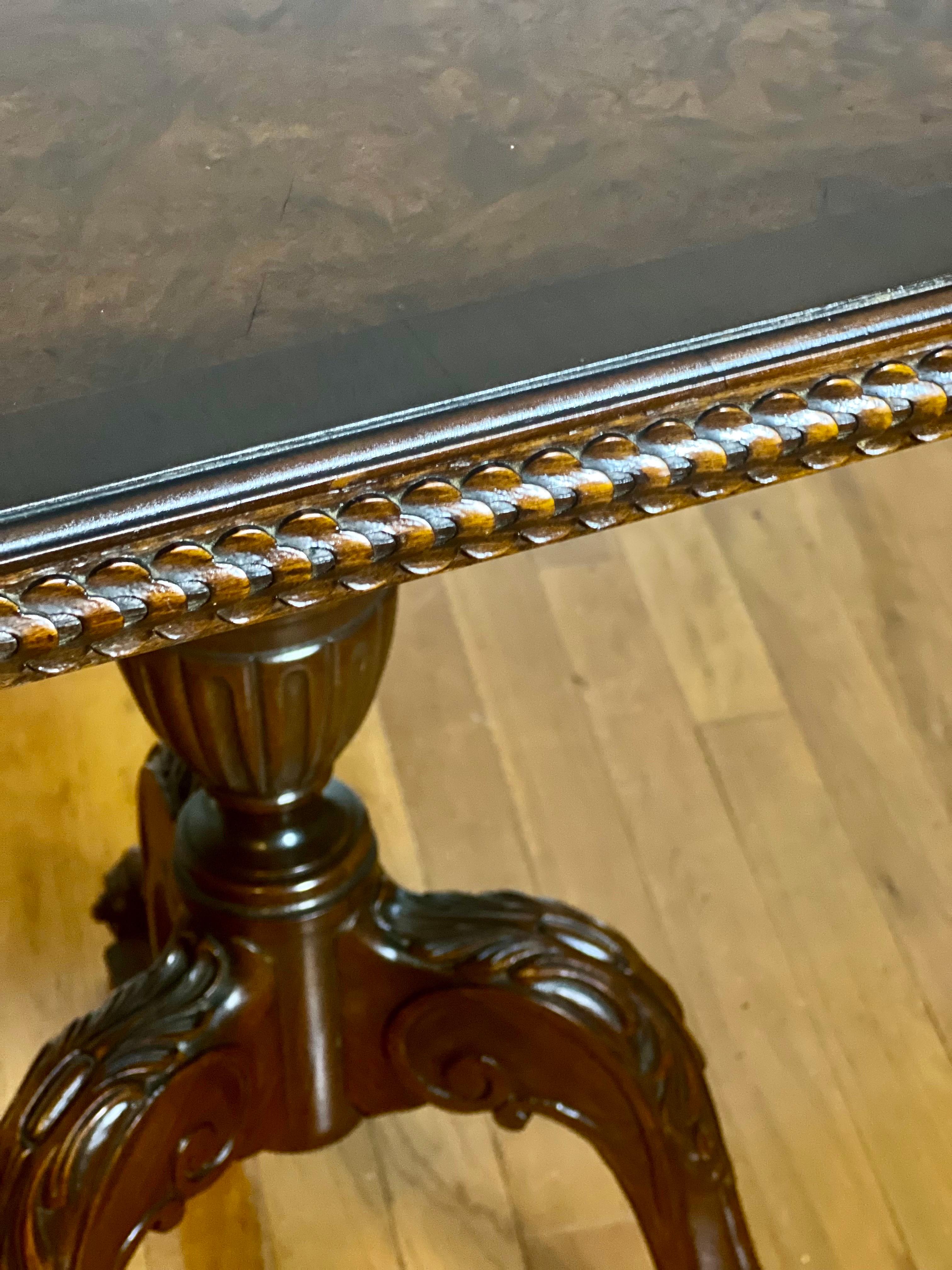French Carved and Book-Matched Walnut Burl Hexagonal Pedestal Table For Sale 5