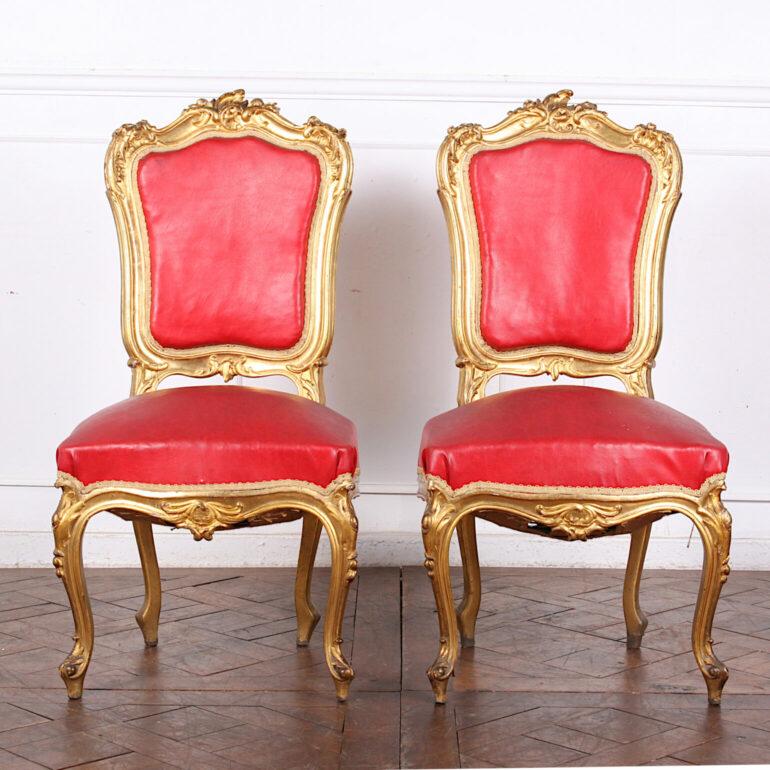Late 19th century French carved and gilt Louis XV style chairs- a pair of armchairs and a pair of side chairs.

Side Chairs – 18?wide x 20.5? deep x 40.5? tall x 18? seat height.

Arm Chairs – 29.5? wide x 23? deep x 42.5? tall x 18? seat height.