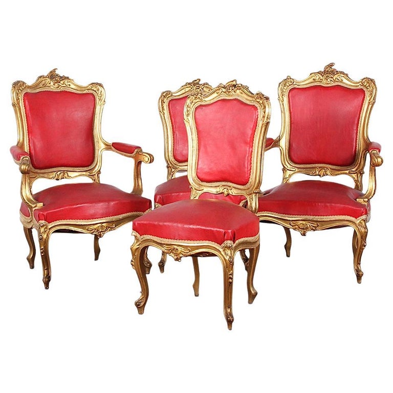 Set of Four French Louis XV Rococo Style Giltwood Carved Side Chairs For  Sale at 1stDibs