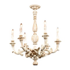 French Carved and Painted 19th Century Six-Light Chandelier with Foliage Motifs