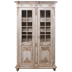 French Carved and Painted Wood Cabinet with Upper Glass Doors for Display