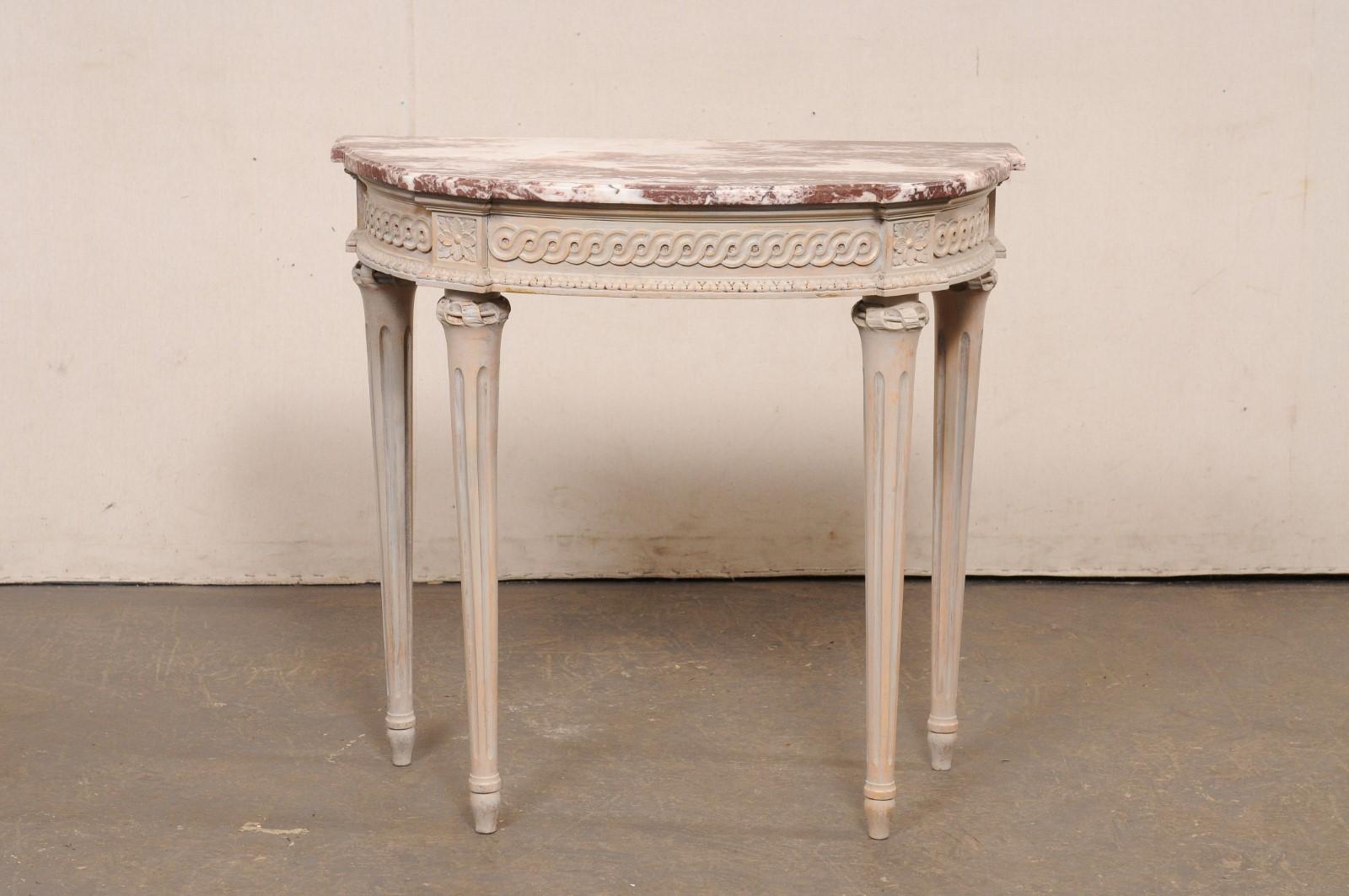 French Carved and Painted wood Console Marble Top, 3 Ft Wide For Sale 5