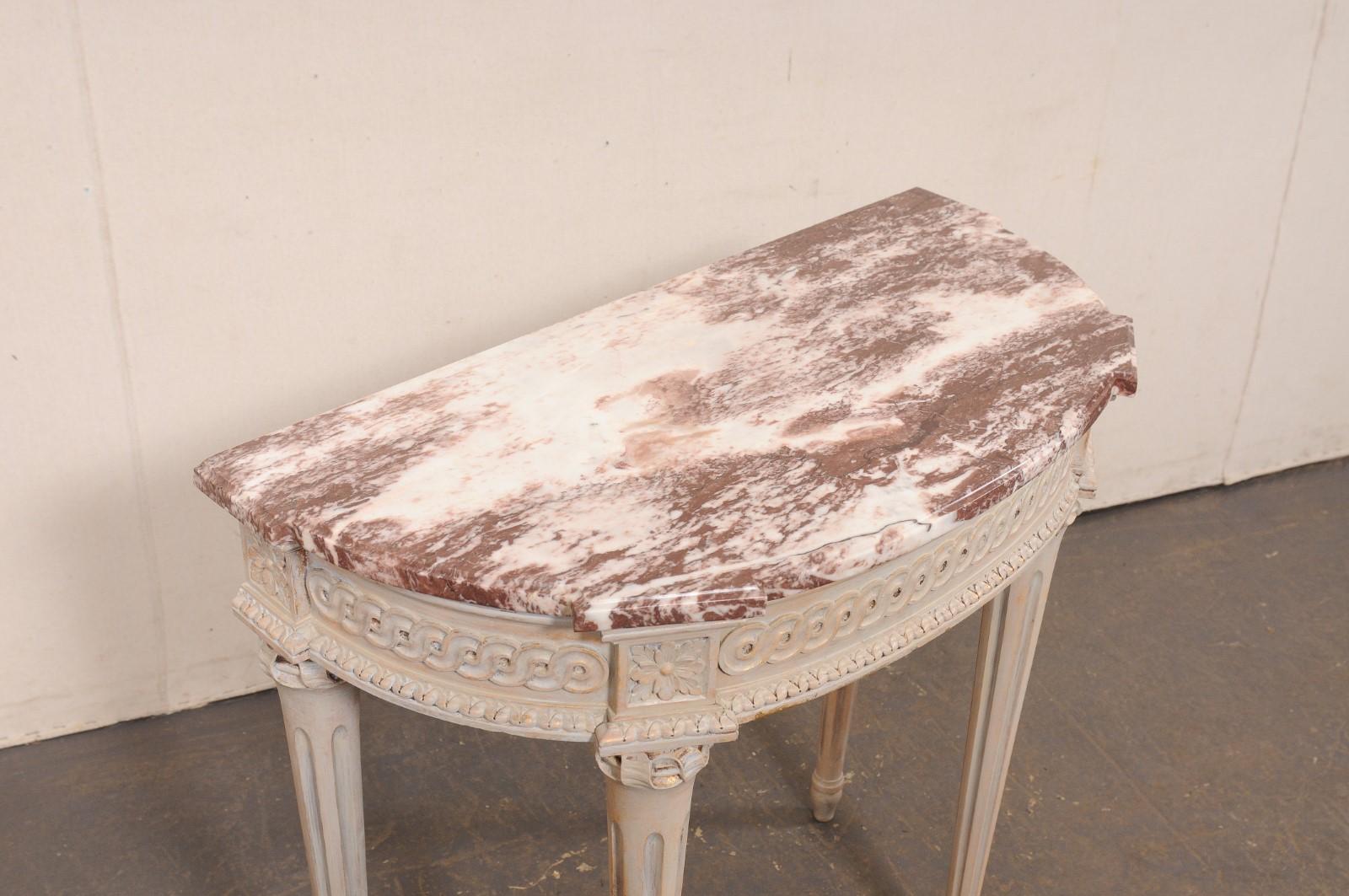 20th Century French Carved and Painted wood Console Marble Top, 3 Ft Wide For Sale